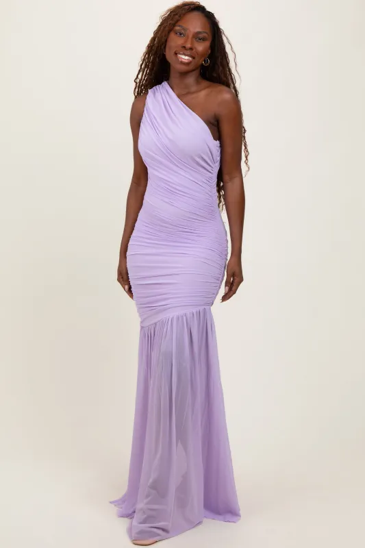 Lavender Ruched Mesh One Shoulder Maxi Dress sold by Pinkblush