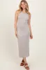 Beige Solid Ribbed Sleeveless Slit Maternity Maxi Dress sold by Pinkblush