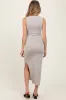 Beige Solid Ribbed Sleeveless Slit Maternity Maxi Dress sold by Pinkblush