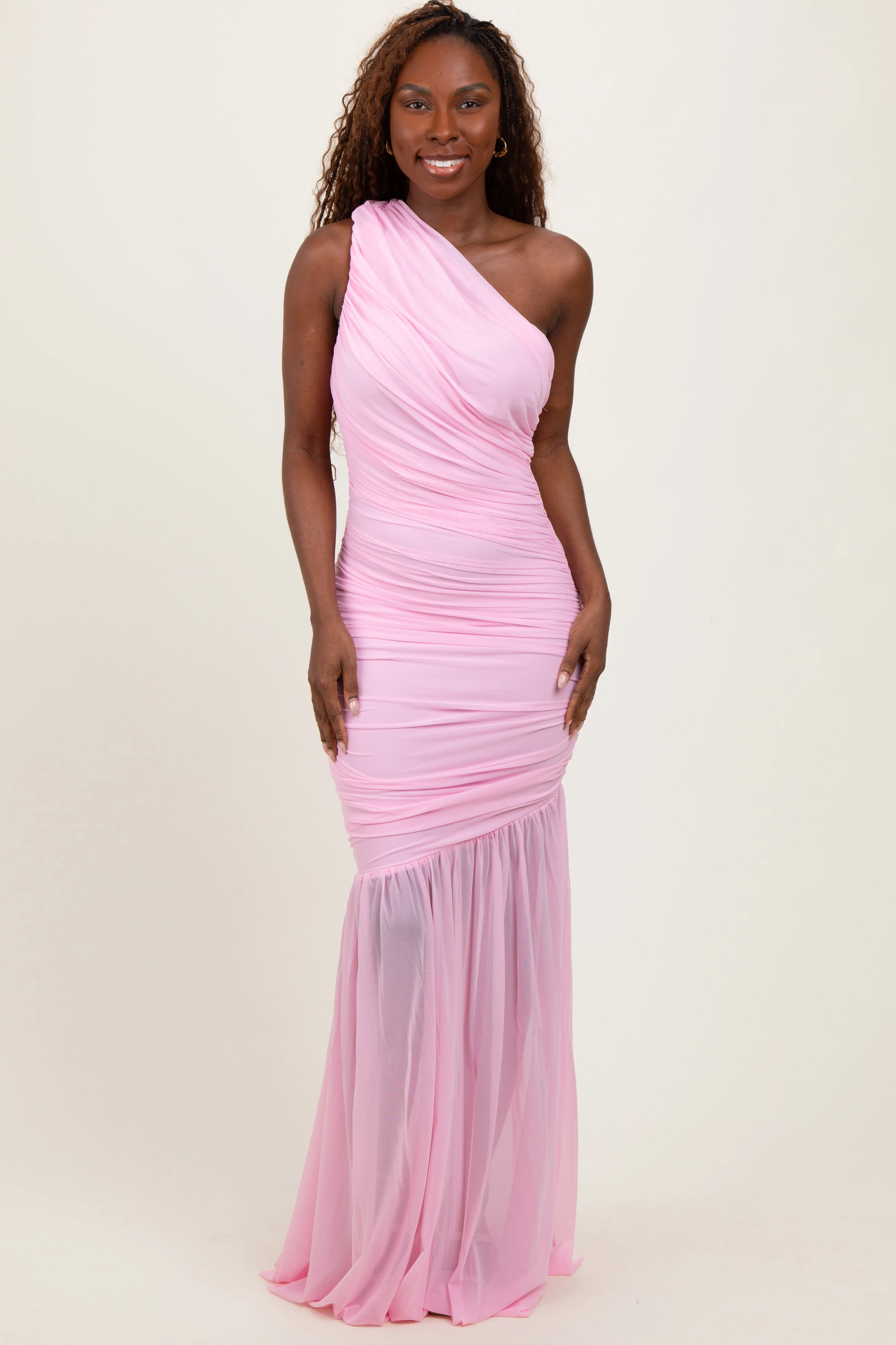 Light Pink Ruched Mesh One Shoulder Maxi Dress sold by Pinkblush