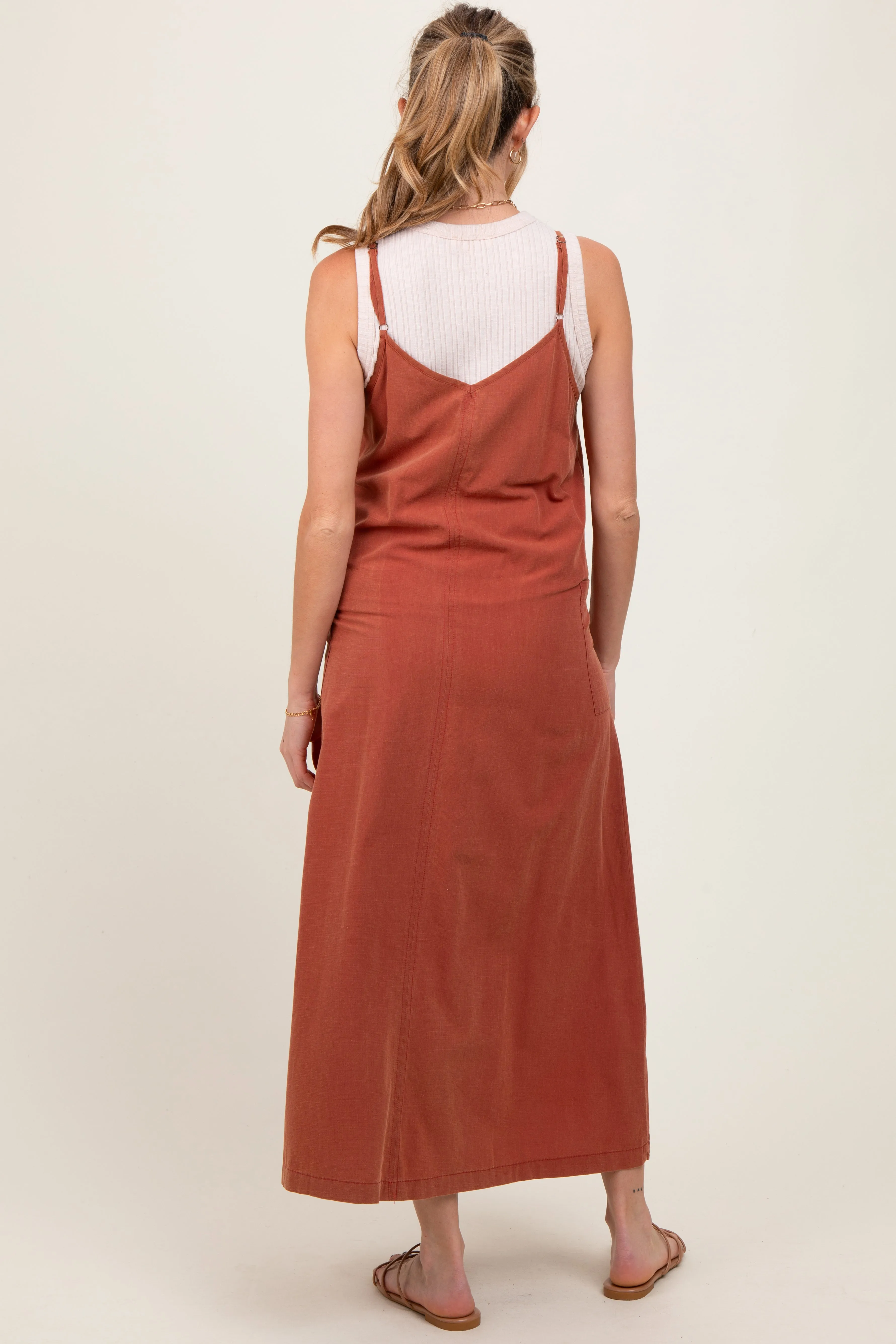 Rust V-Neck Overall Maternity Midi Dress sold by Pinkblush product image thumbnail 3