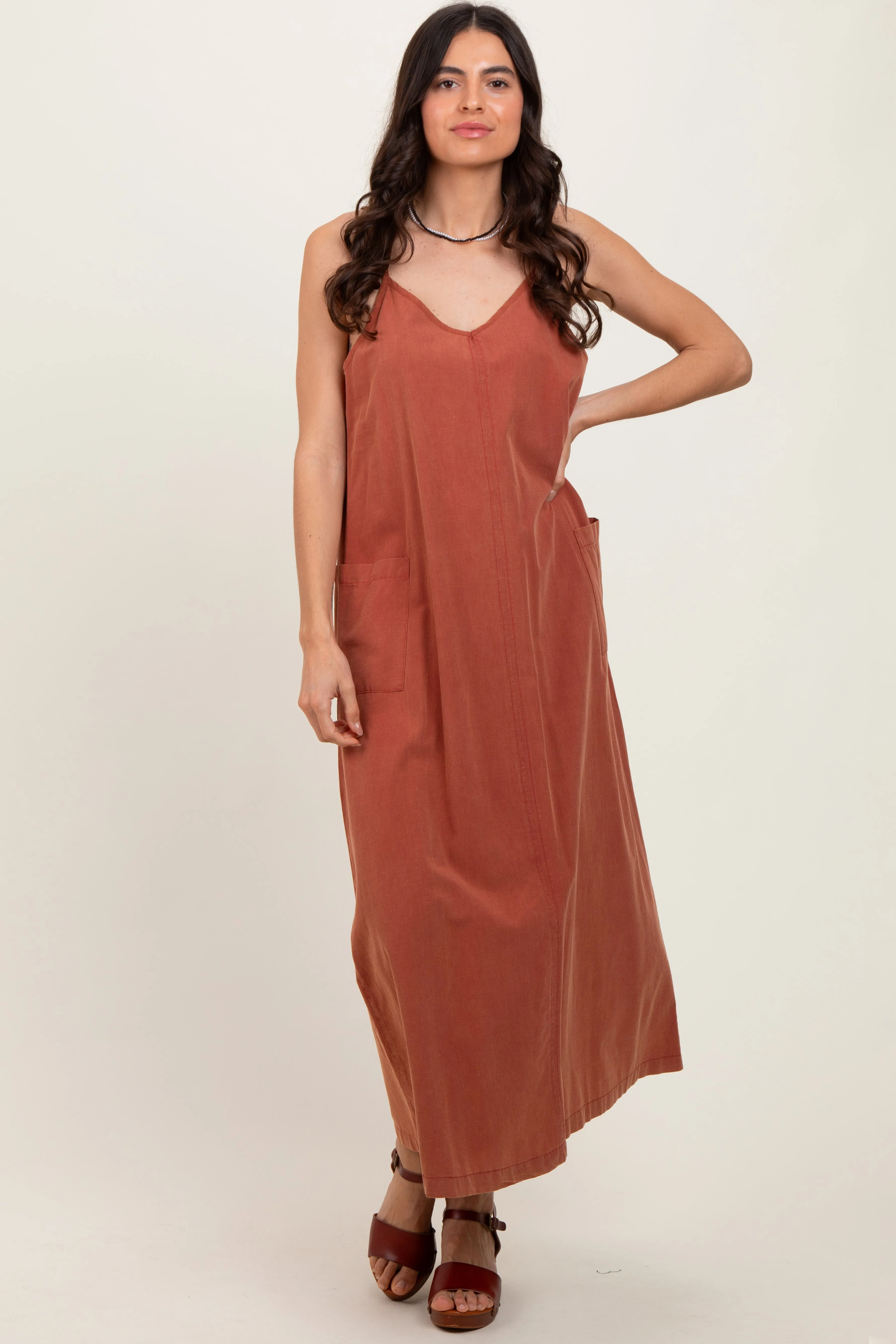 Rust V-Neck Overall Maternity Midi Dress sold by Pinkblush product image thumbnail 4