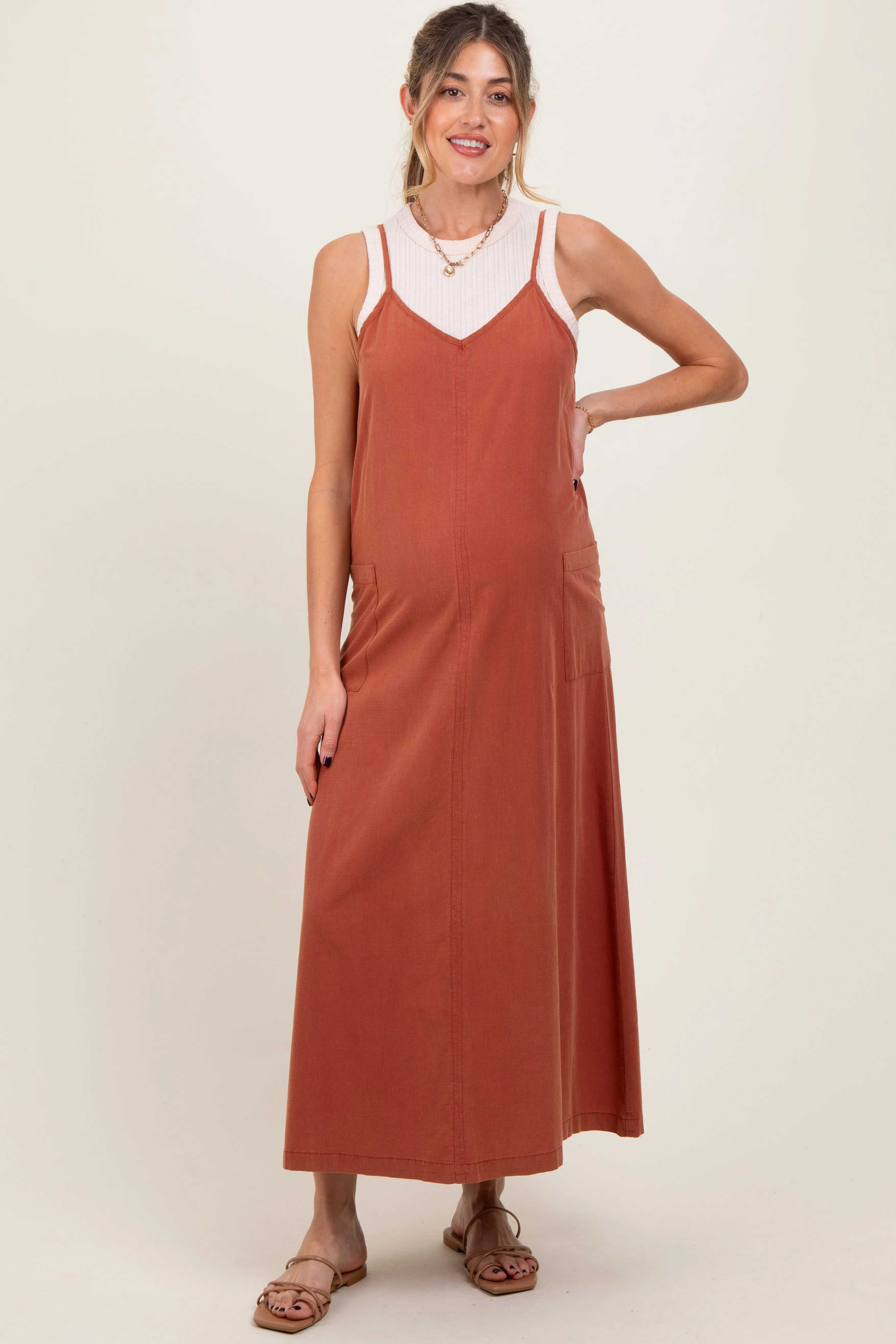 Rust V-Neck Overall Maternity Midi Dress sold by Pinkblush