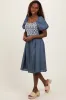 Blue Chambray Floral Embroidered Short Sleeve Midi Dress sold by Pinkblush