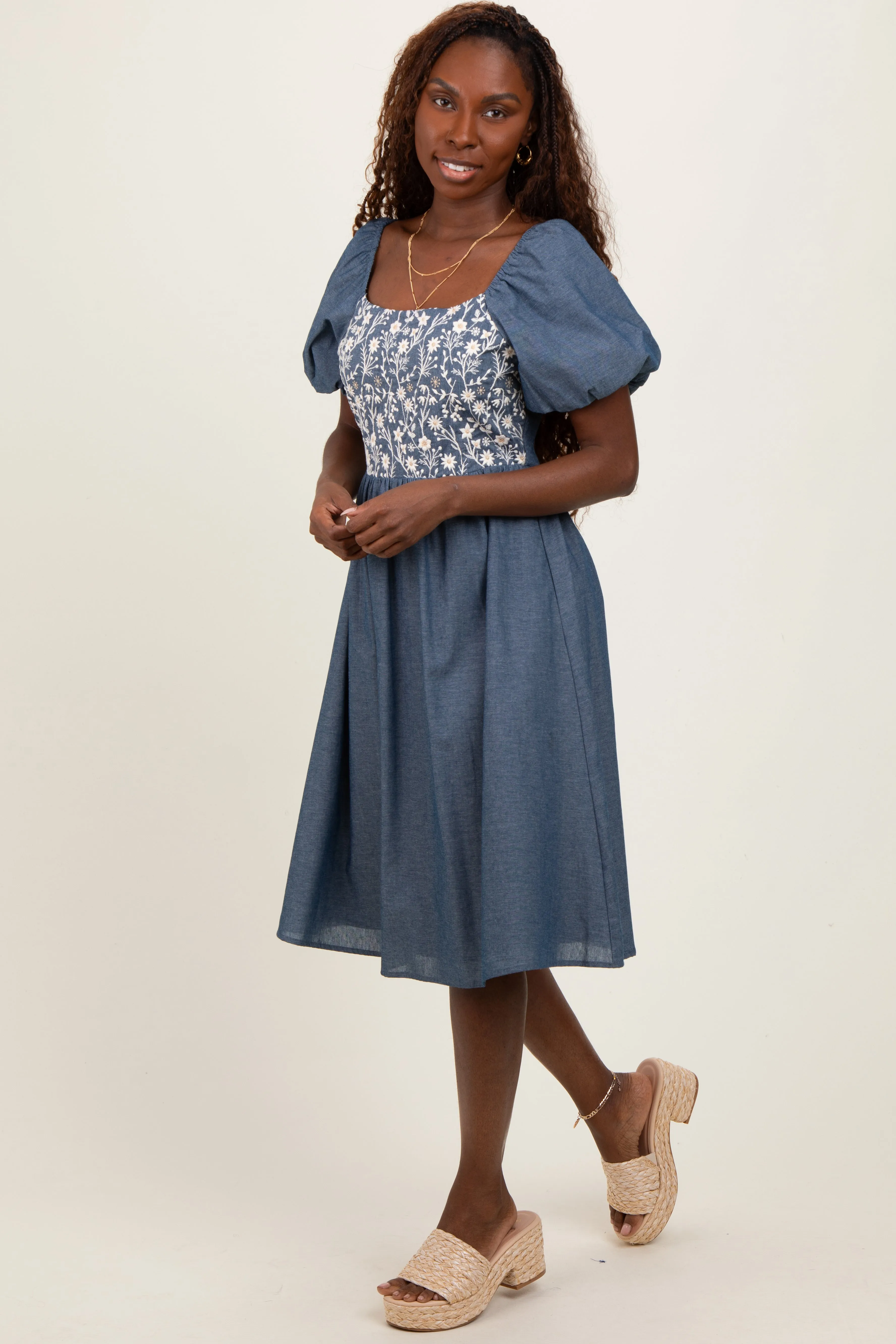Blue Chambray Floral Embroidered Short Sleeve Midi Dress sold by Pinkblush product image thumbnail 2