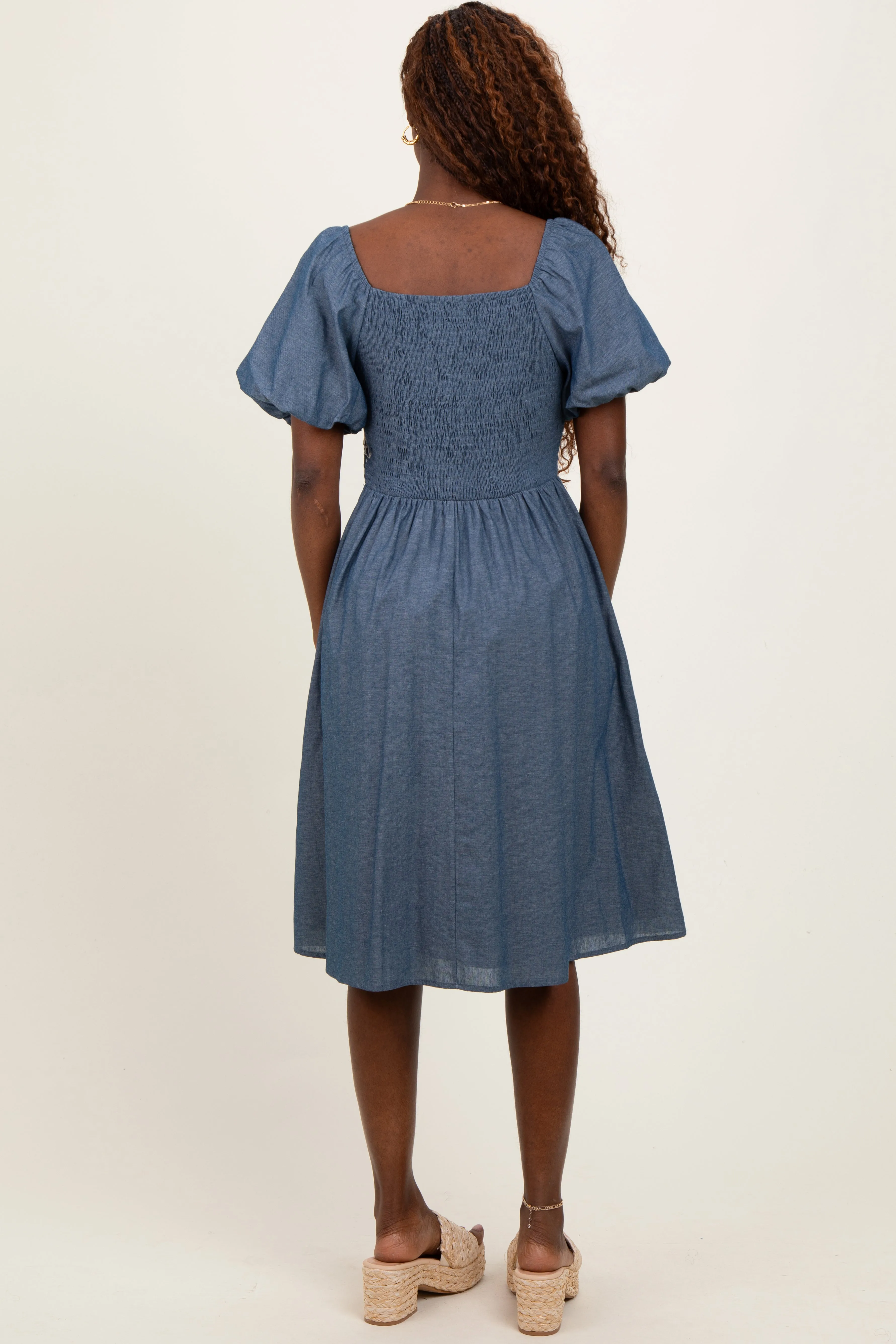 Blue Chambray Floral Embroidered Short Sleeve Midi Dress sold by Pinkblush product image thumbnail 3