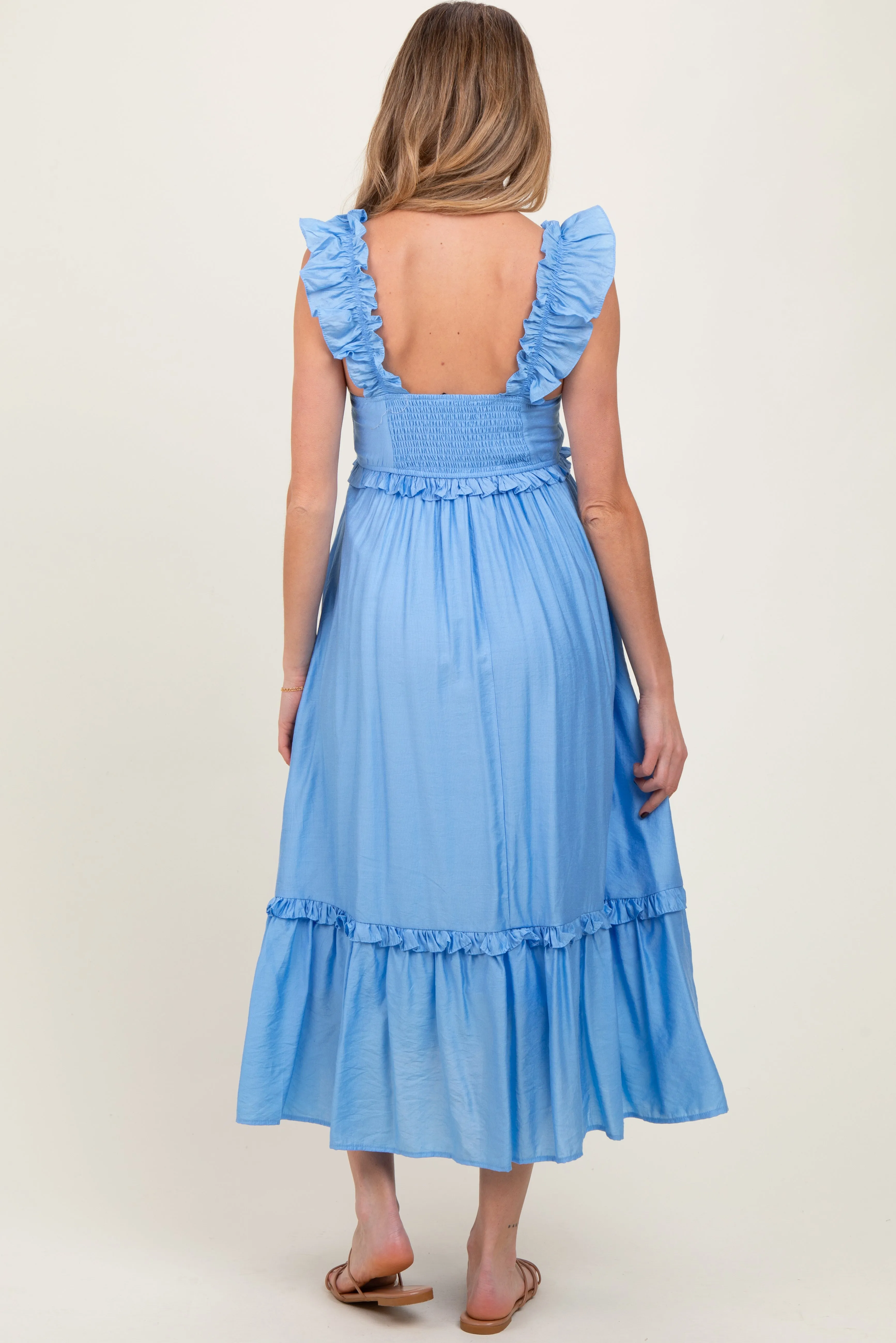 Blue Ruffle Strap Square Neck Maternity Midi Dress sold by Pinkblush product image thumbnail 4