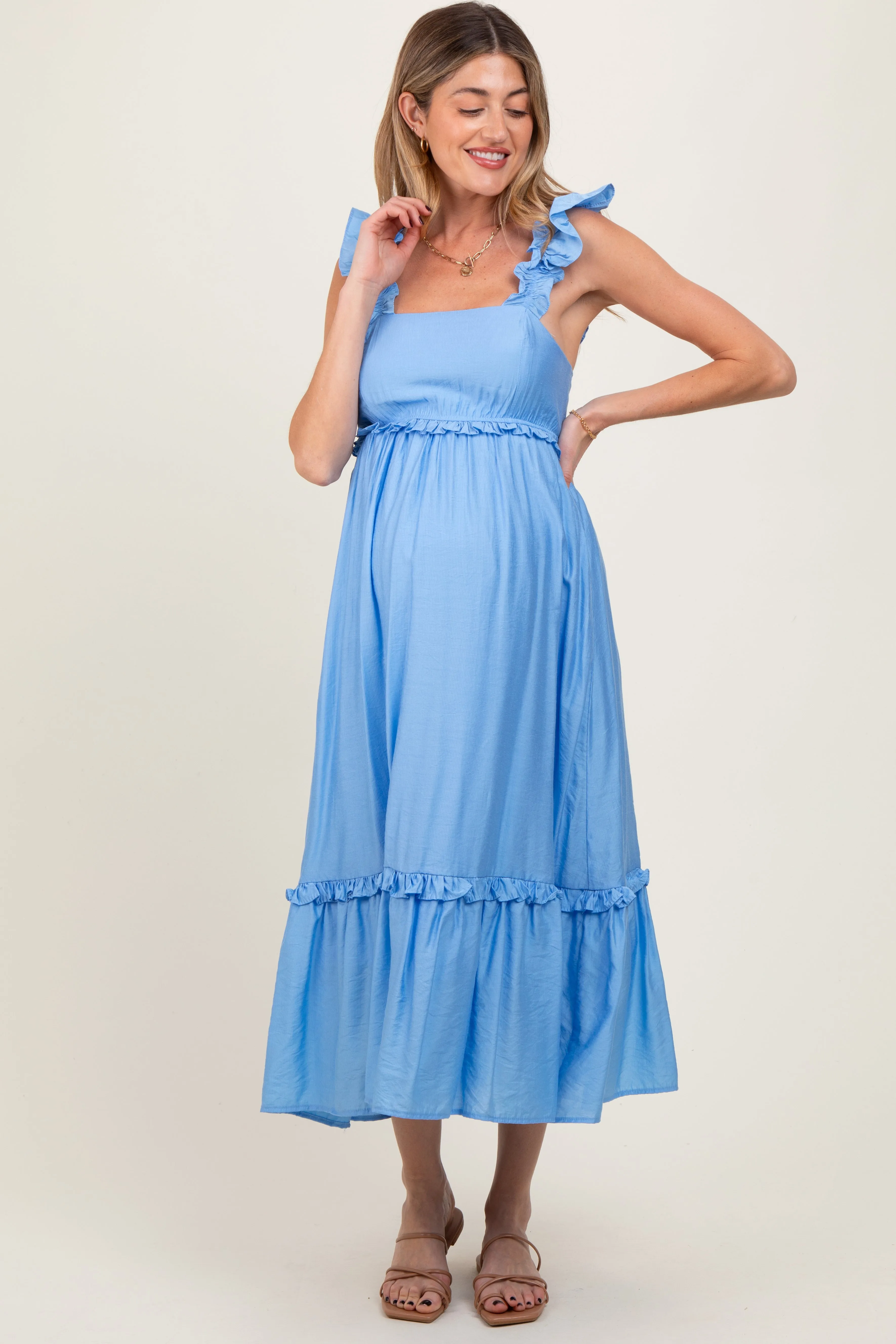 Blue Ruffle Strap Square Neck Maternity Midi Dress sold by Pinkblush