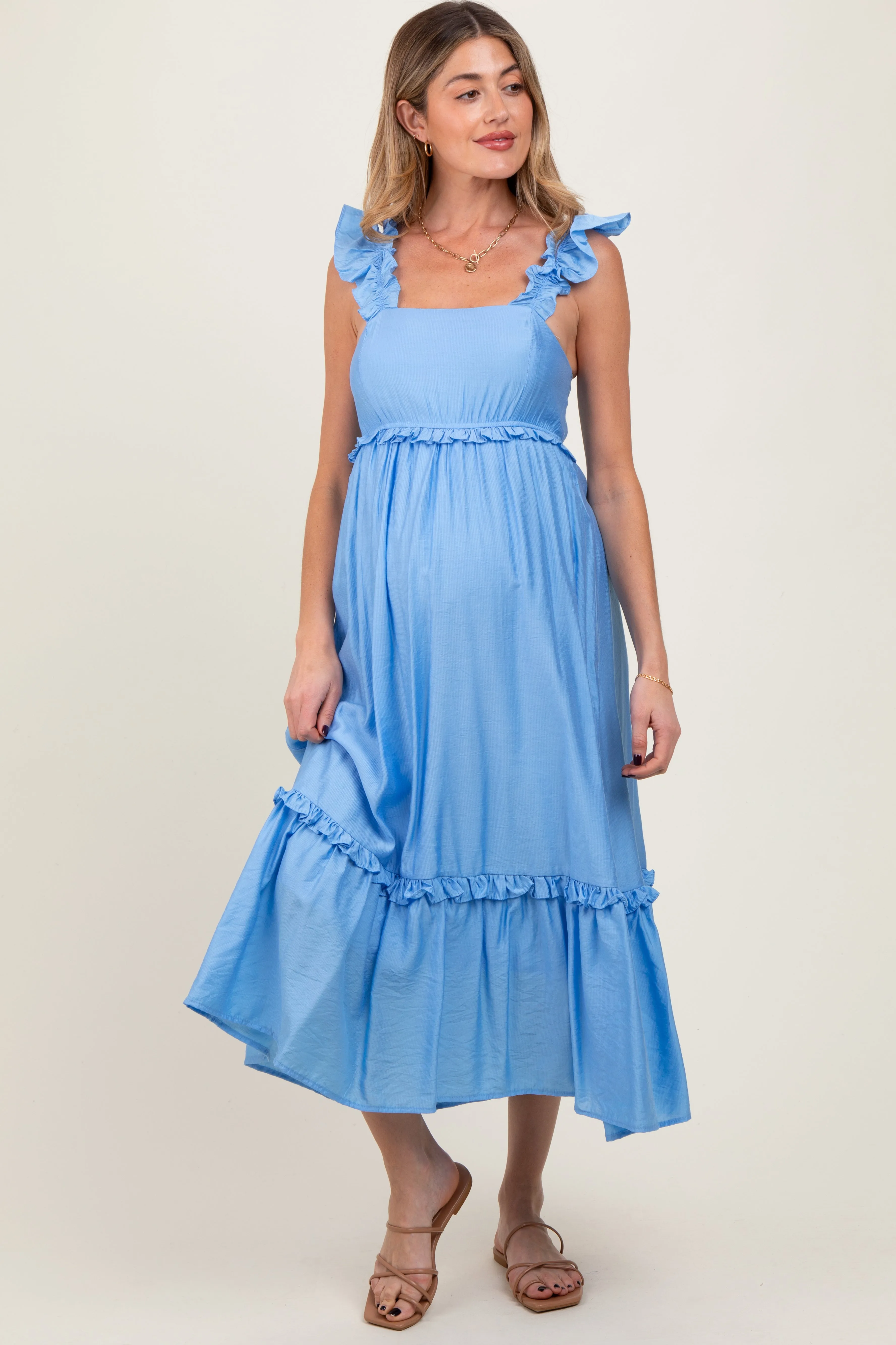 Blue Ruffle Strap Square Neck Maternity Midi Dress sold by Pinkblush product image thumbnail 2