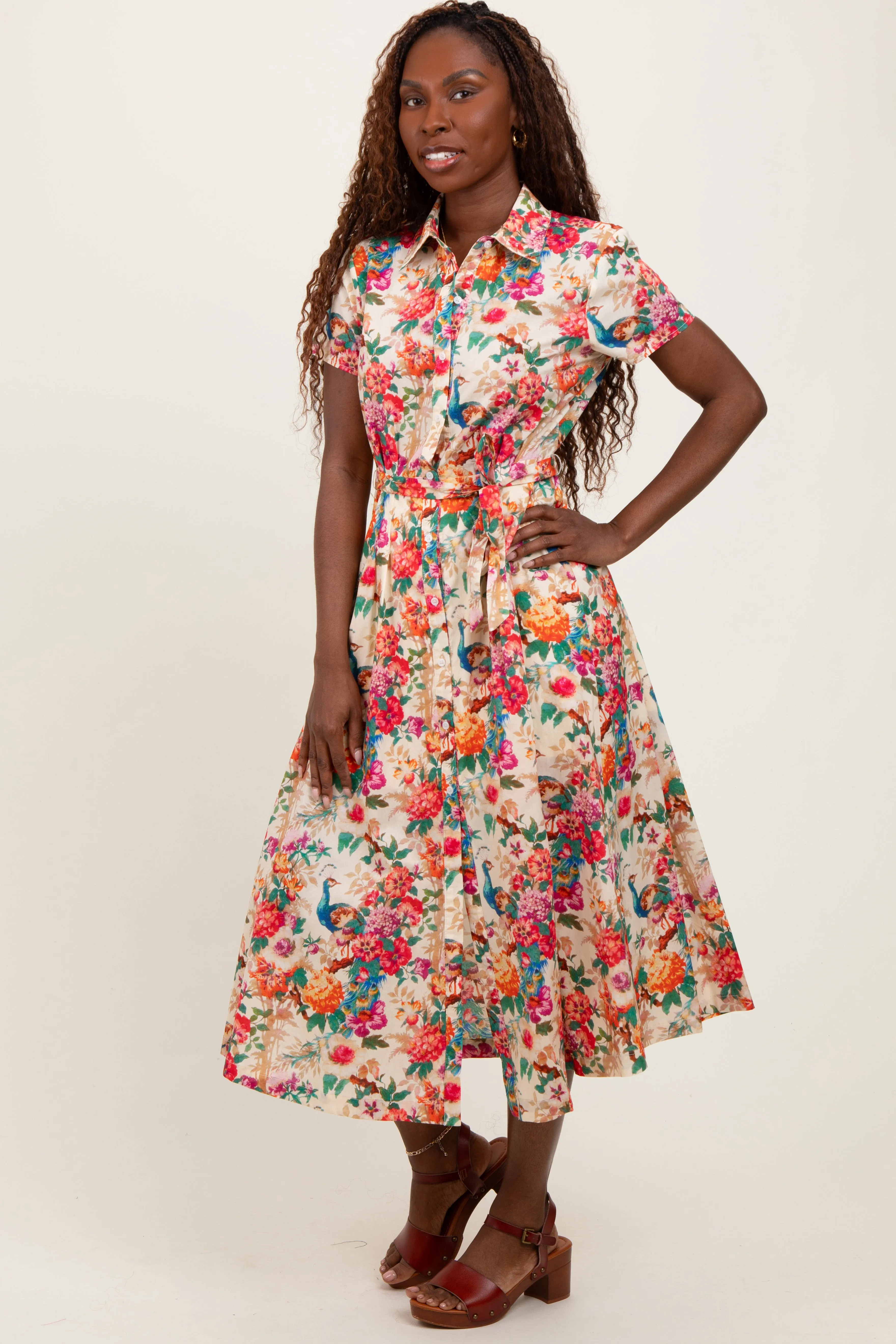 Cream Floral Button Down Midi Shirt Dress sold by Pinkblush product image thumbnail 3