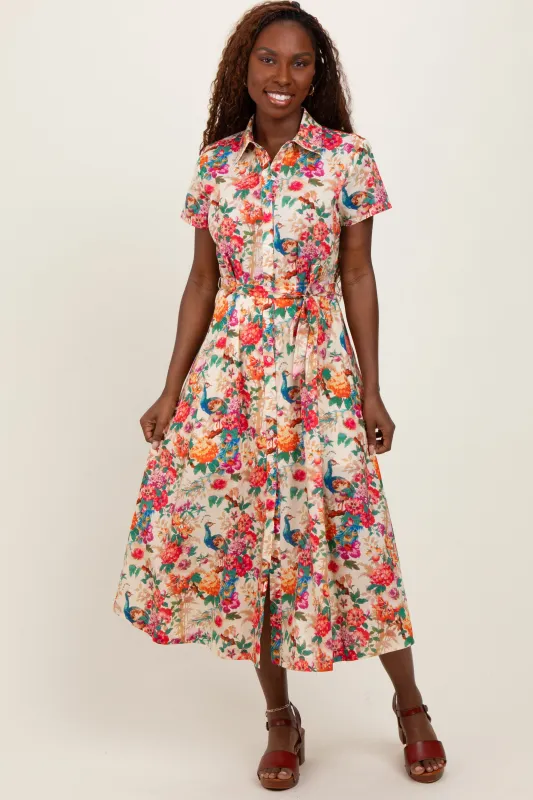 Cream Floral Button Down Midi Shirt Dress sold by Pinkblush