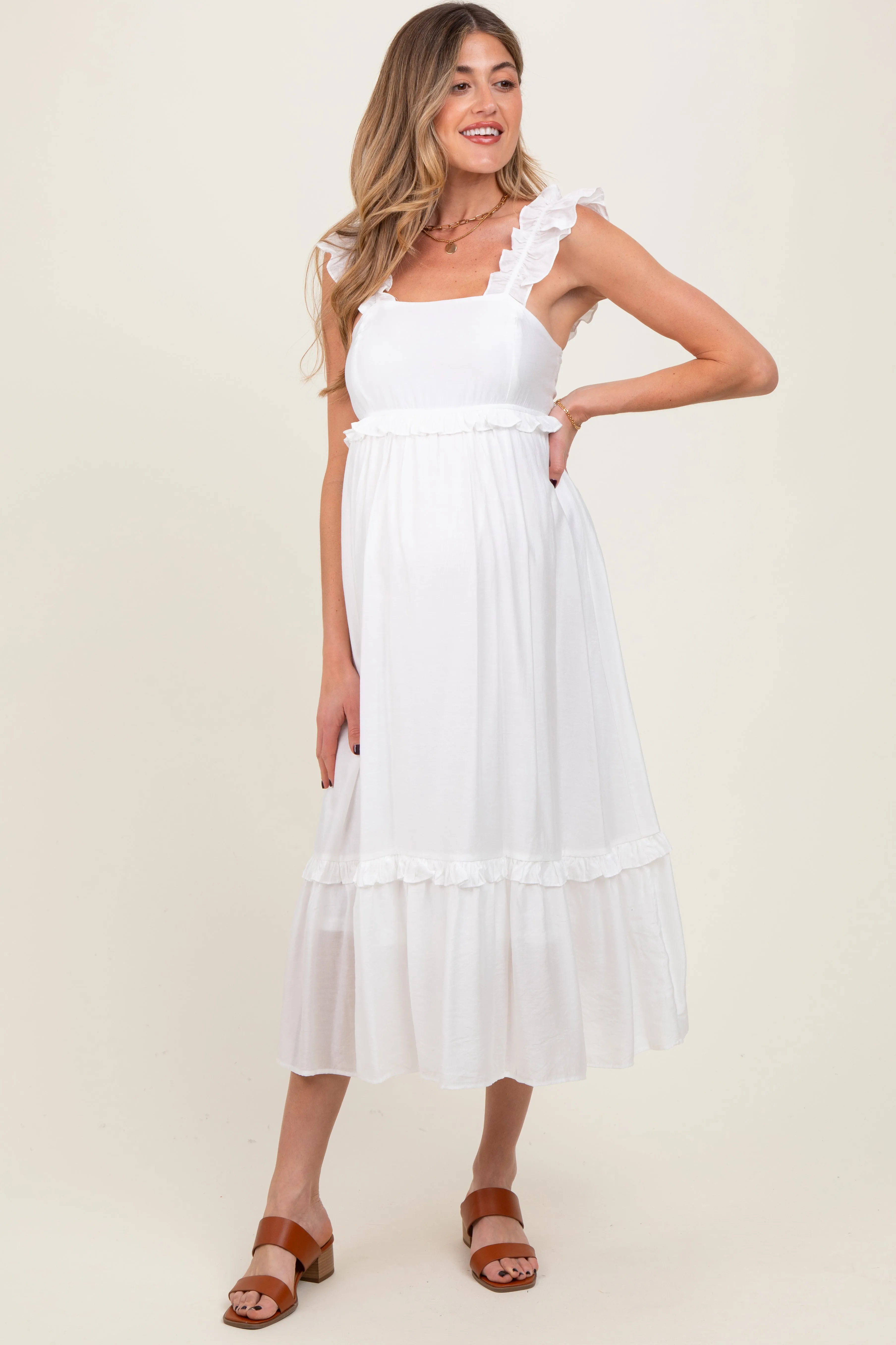 White Ruffle Strap Square Neck Maternity Midi Dress sold by Pinkblush