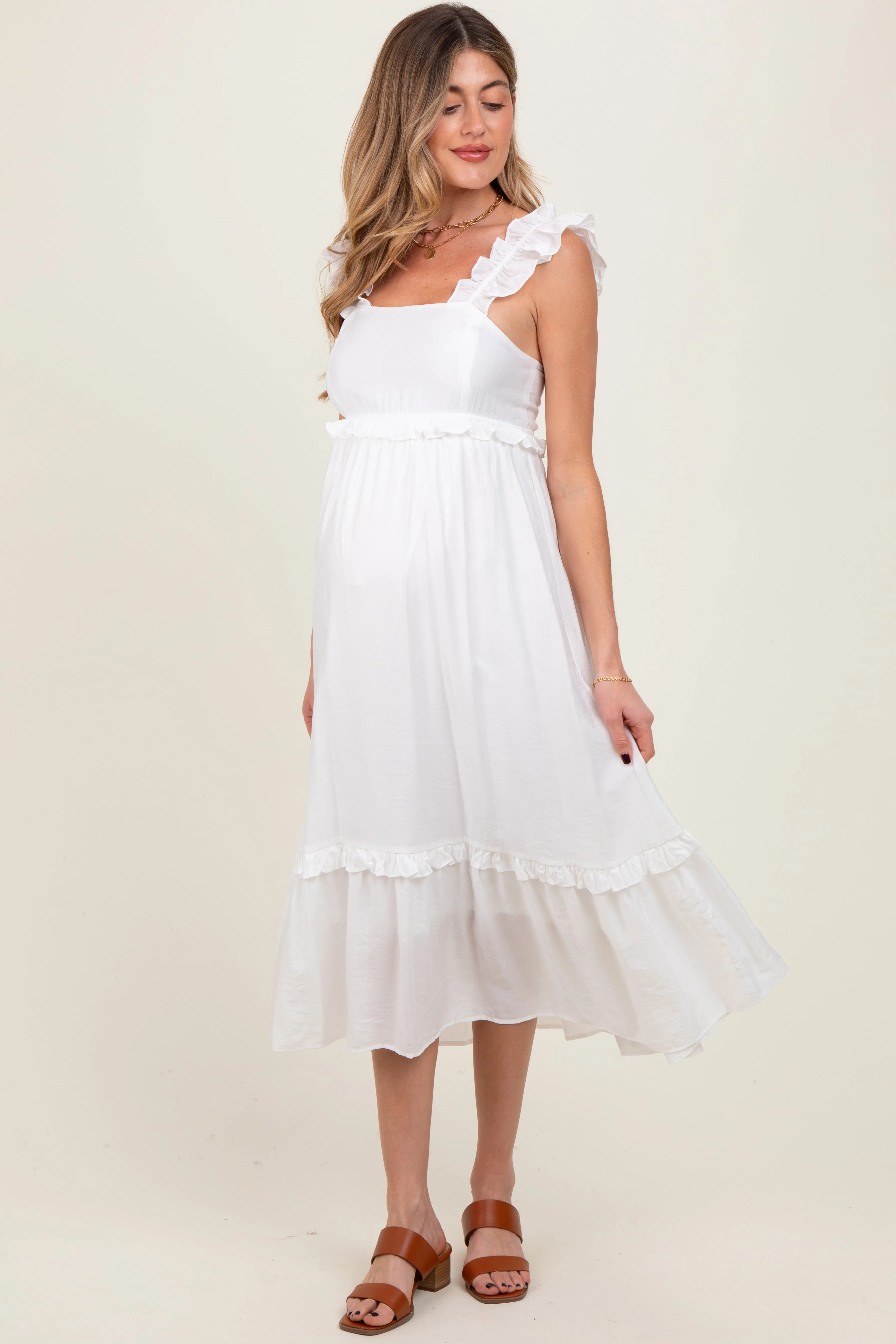 White Ruffle Strap Square Neck Maternity Midi Dress sold by Pinkblush product image thumbnail 2