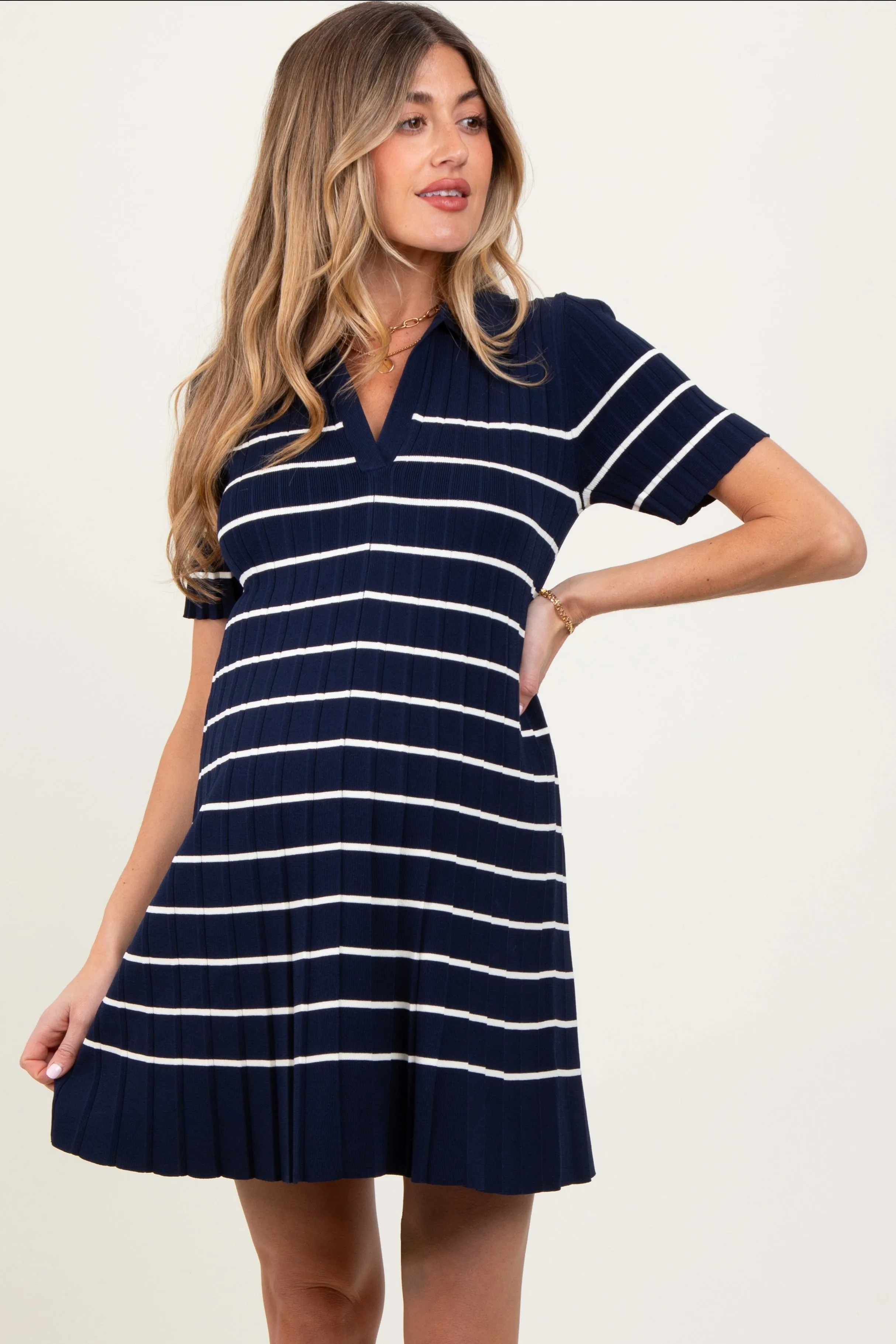 Navy Striped Knit Collared Pleated Maternity Dress sold by Pinkblush product image thumbnail 2