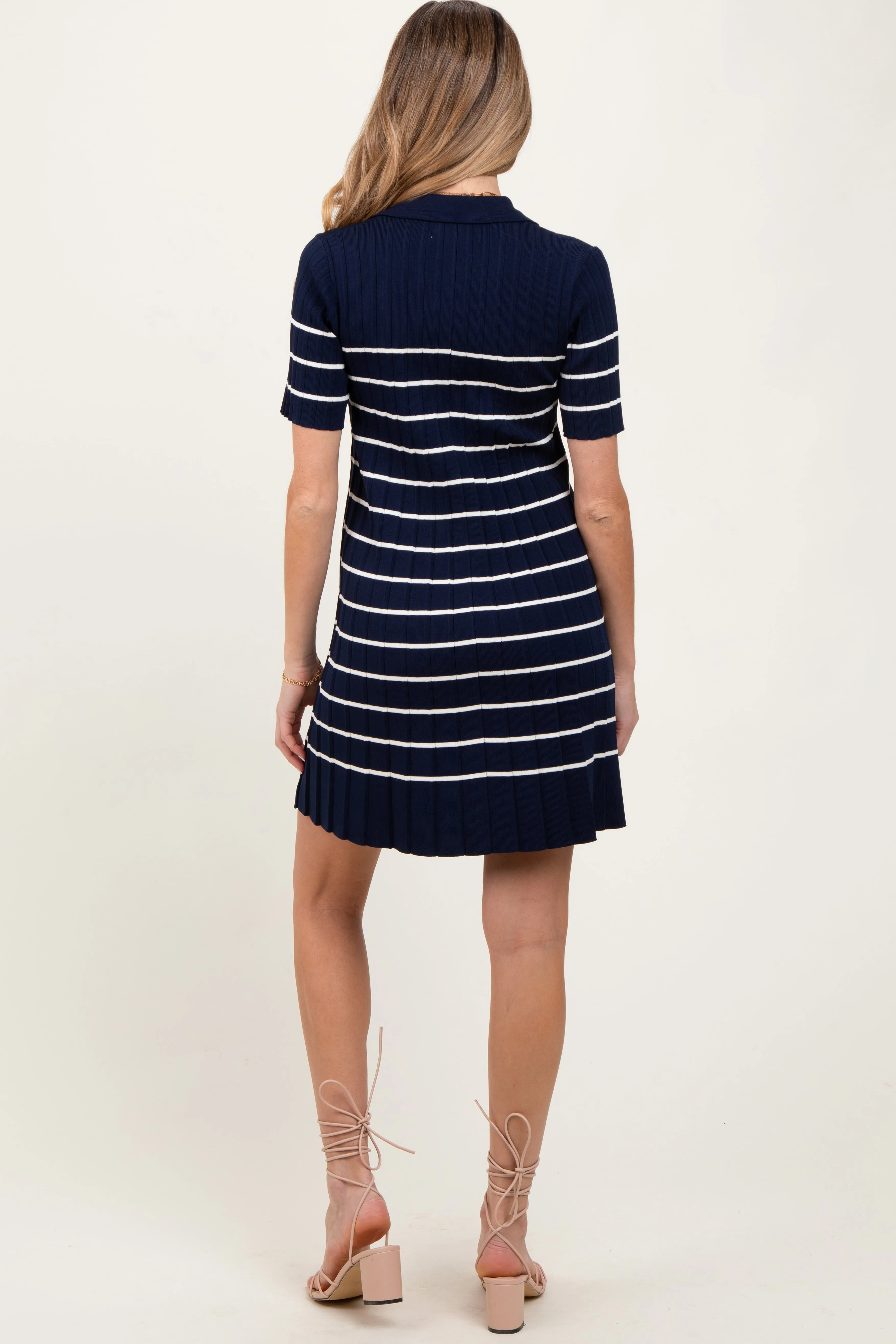 Navy Striped Knit Collared Pleated Maternity Dress sold by Pinkblush product image thumbnail 4