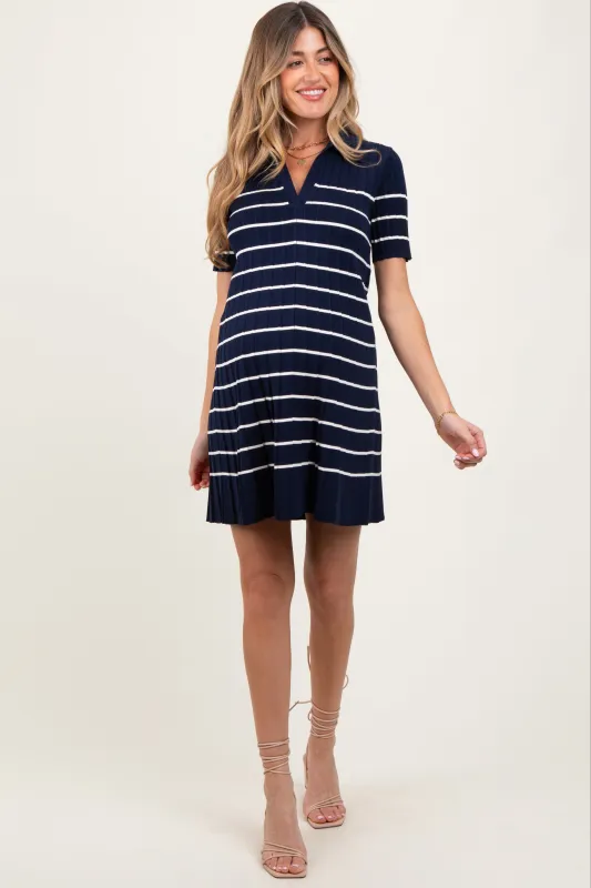 Navy Striped Knit Collared Pleated Maternity Dress sold by Pinkblush