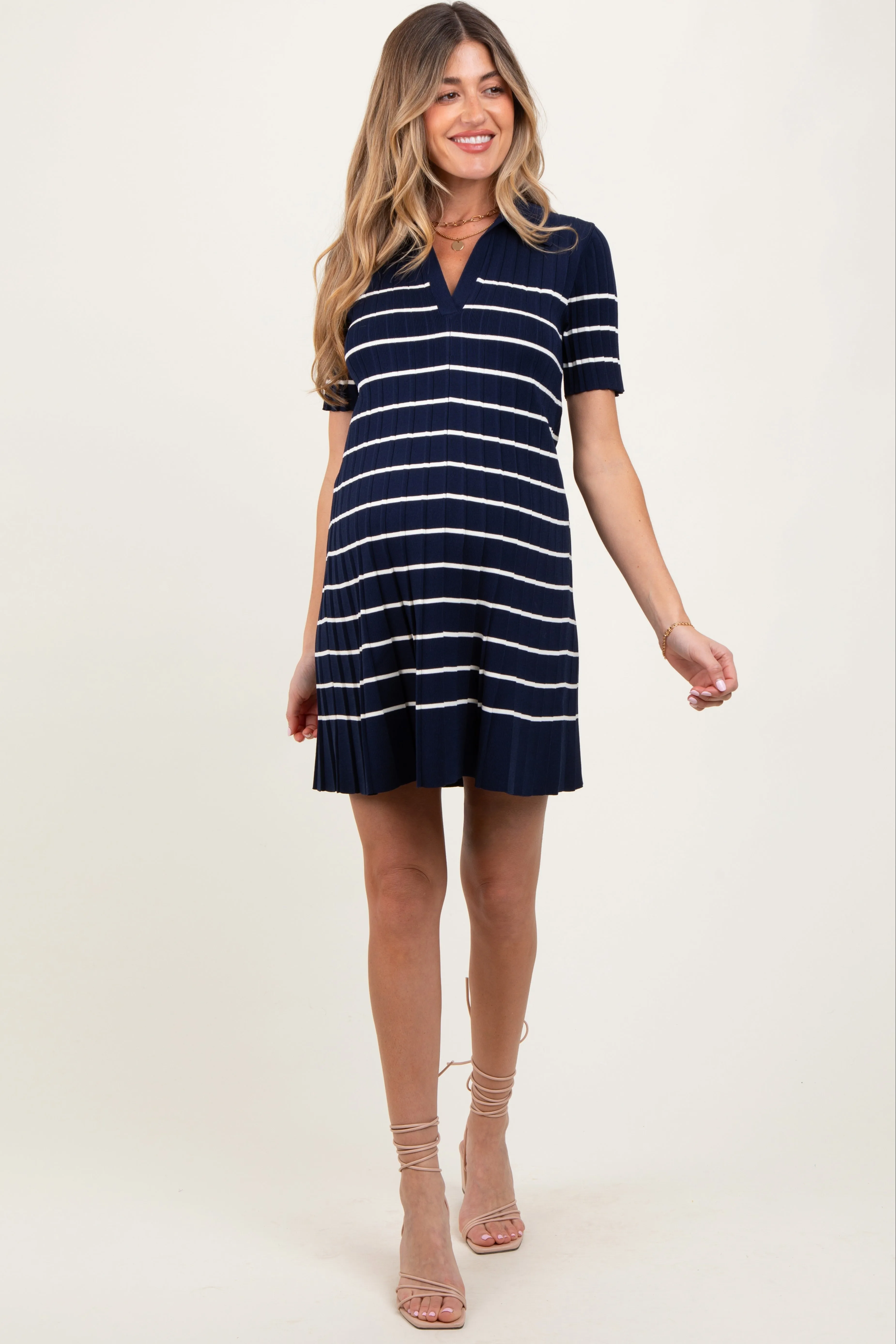 Navy Striped Knit Collared Pleated Maternity Dress sold by Pinkblush
