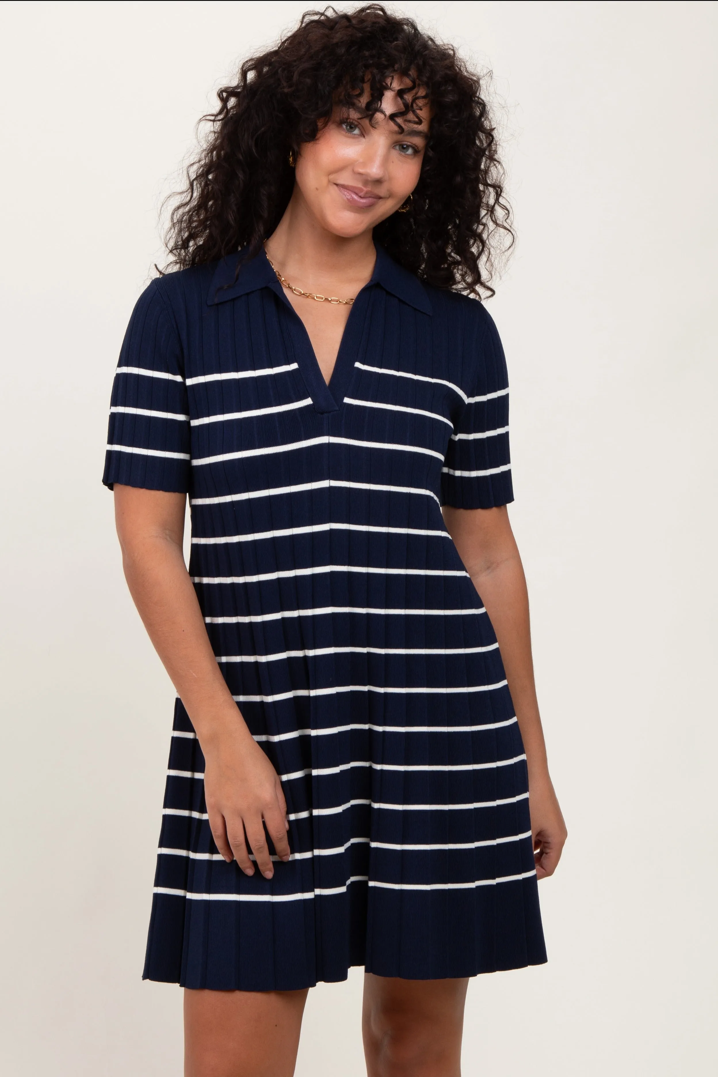 Navy Striped Knit Collared Pleated Maternity Dress sold by Pinkblush product image thumbnail 5