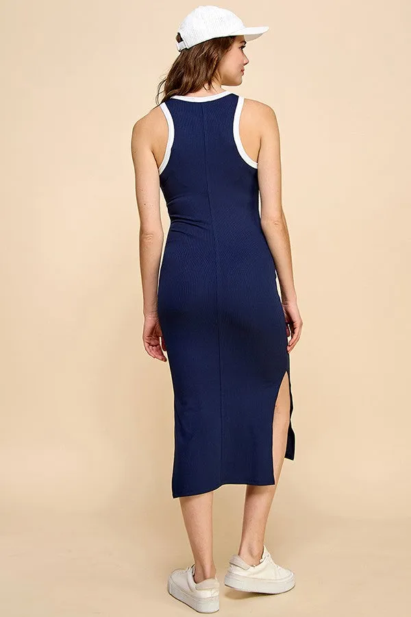 Navy/Soft White High Neck Ribbed Sleeveless Midi Dress sold by Pinkblush product image thumbnail 3