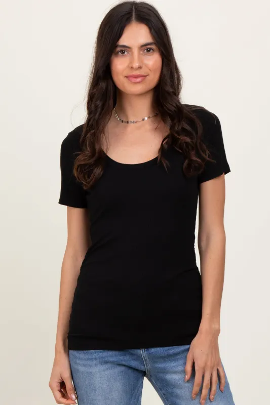 Black Ribbed Scoop Neck Short Sleeve Top sold by Pinkblush