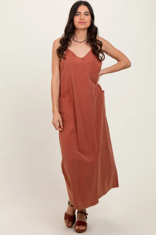 Rust V-Neck Overall Midi Dress sold by Pinkblush