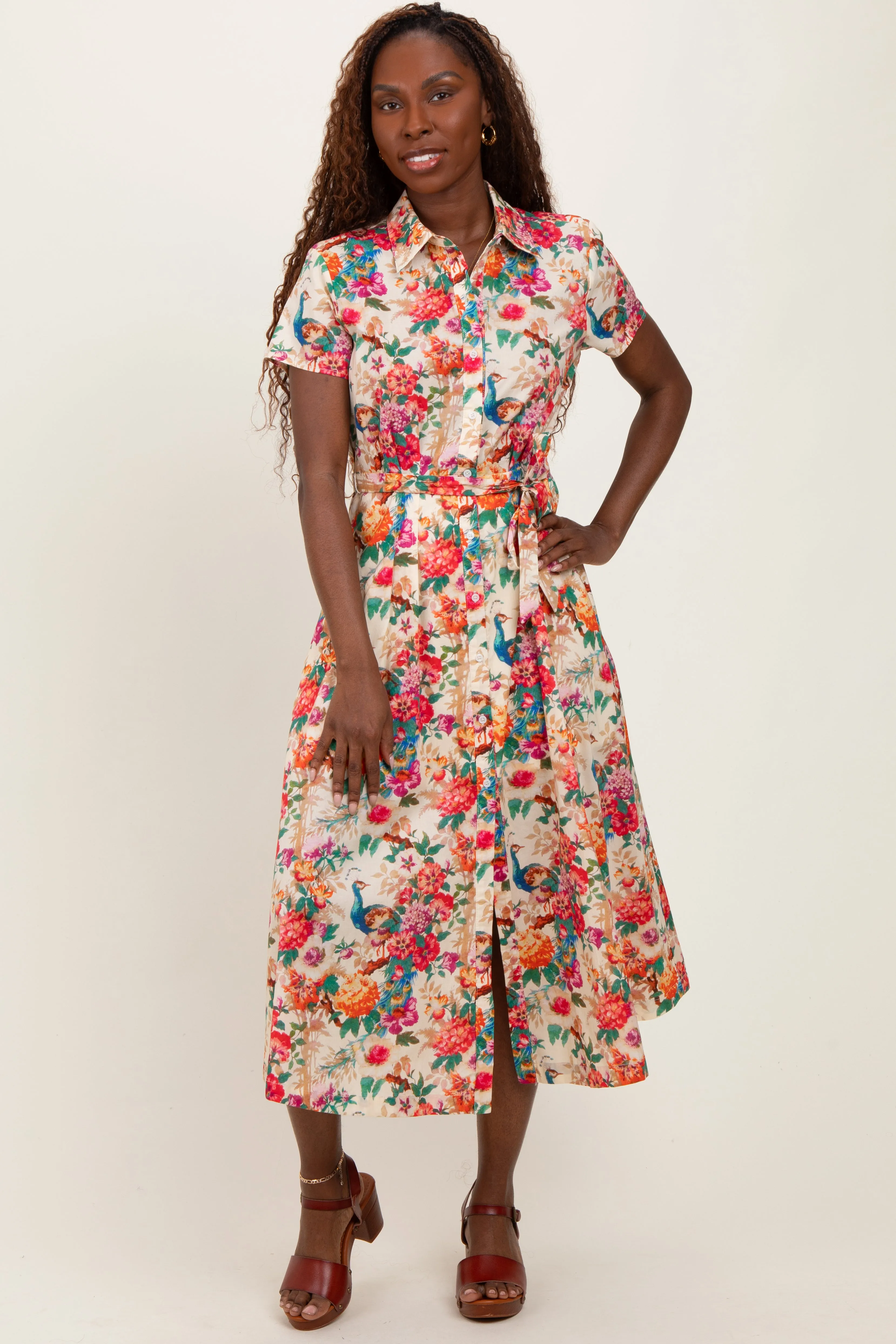 Cream Floral Button Down Midi Shirt Dress sold by Pinkblush product image thumbnail 2