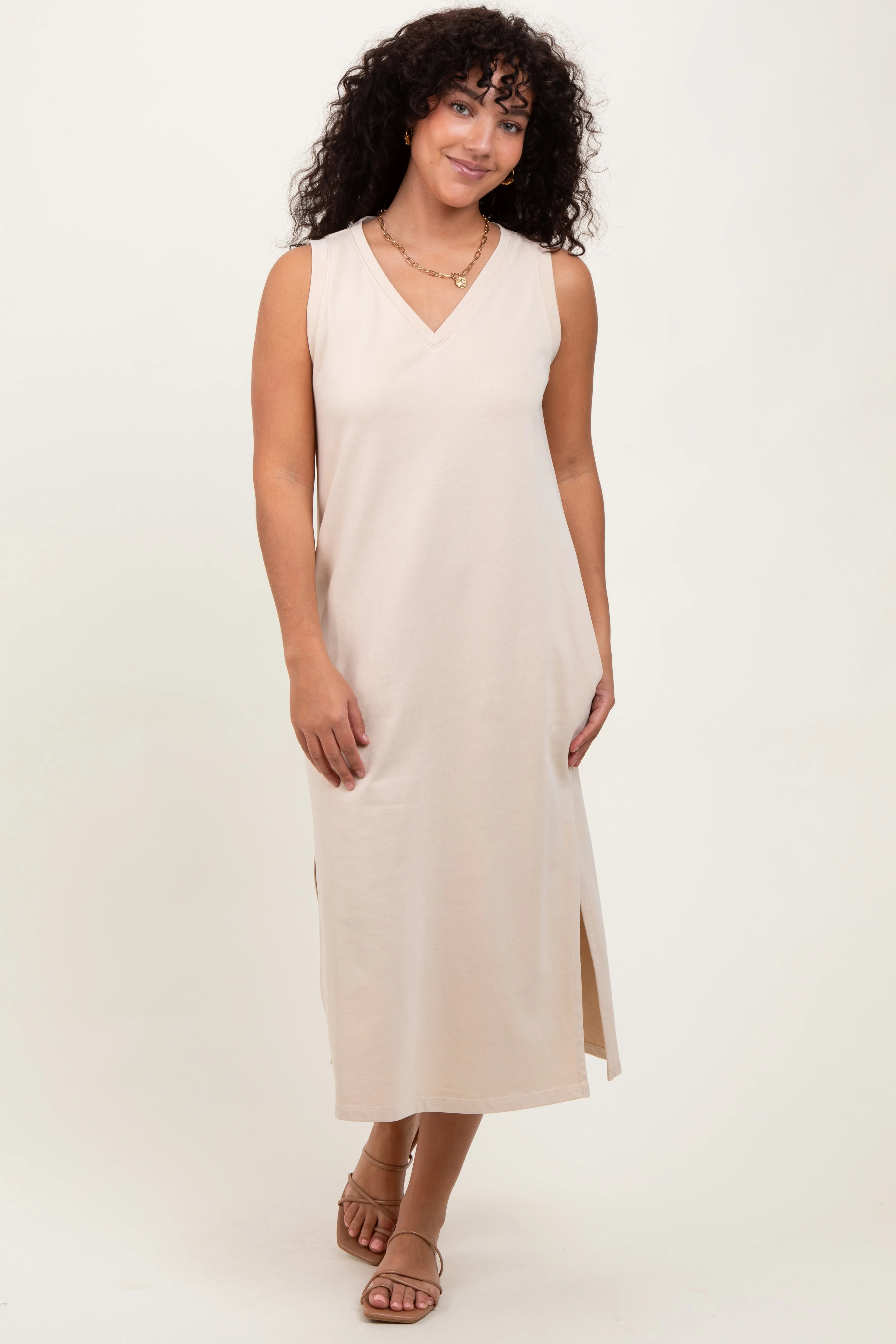 Cream V-Neck Sleeveless Side Slit Midi Dress sold by Pinkblush product image thumbnail 2
