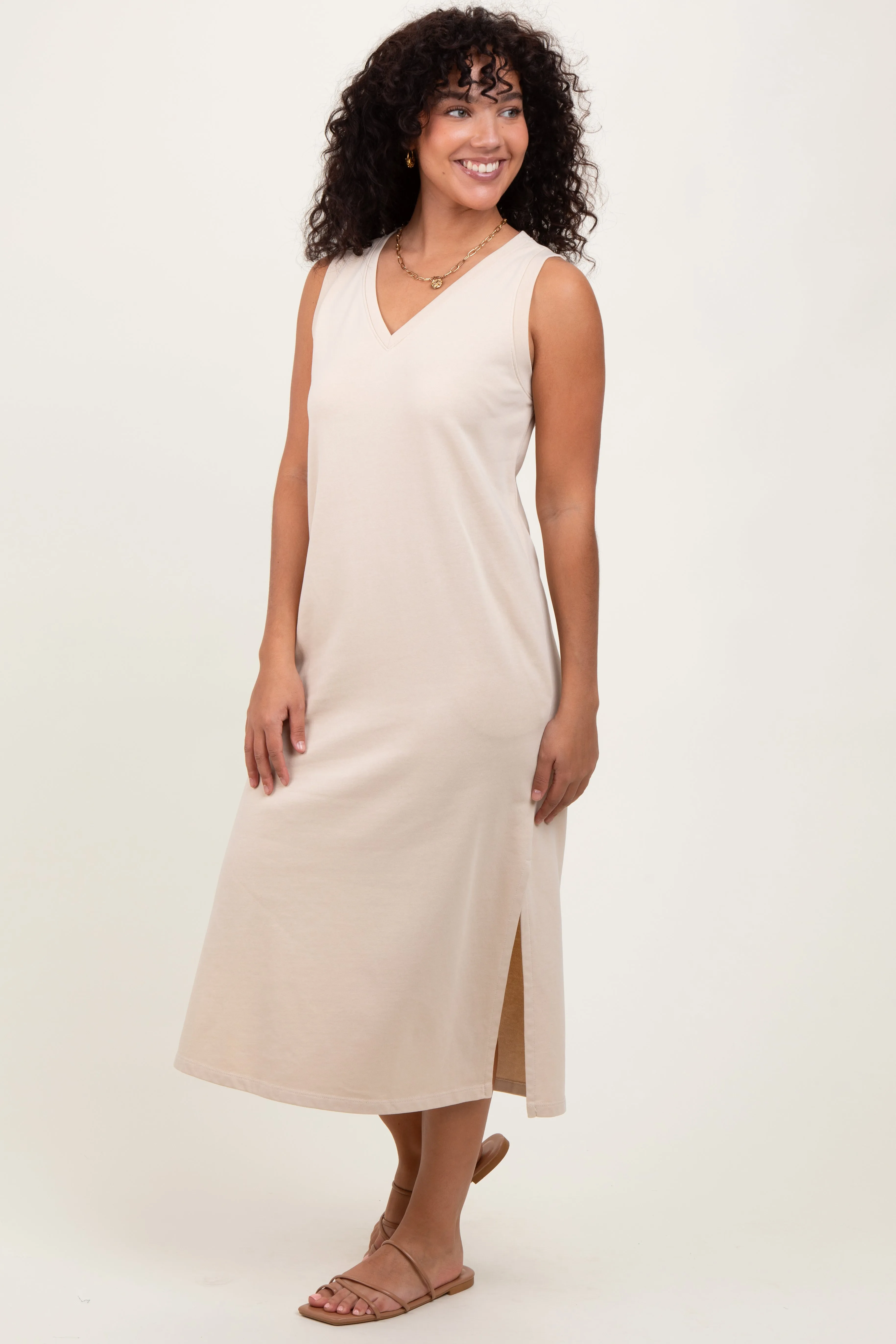 Cream V-Neck Sleeveless Side Slit Midi Dress sold by Pinkblush product image thumbnail 3