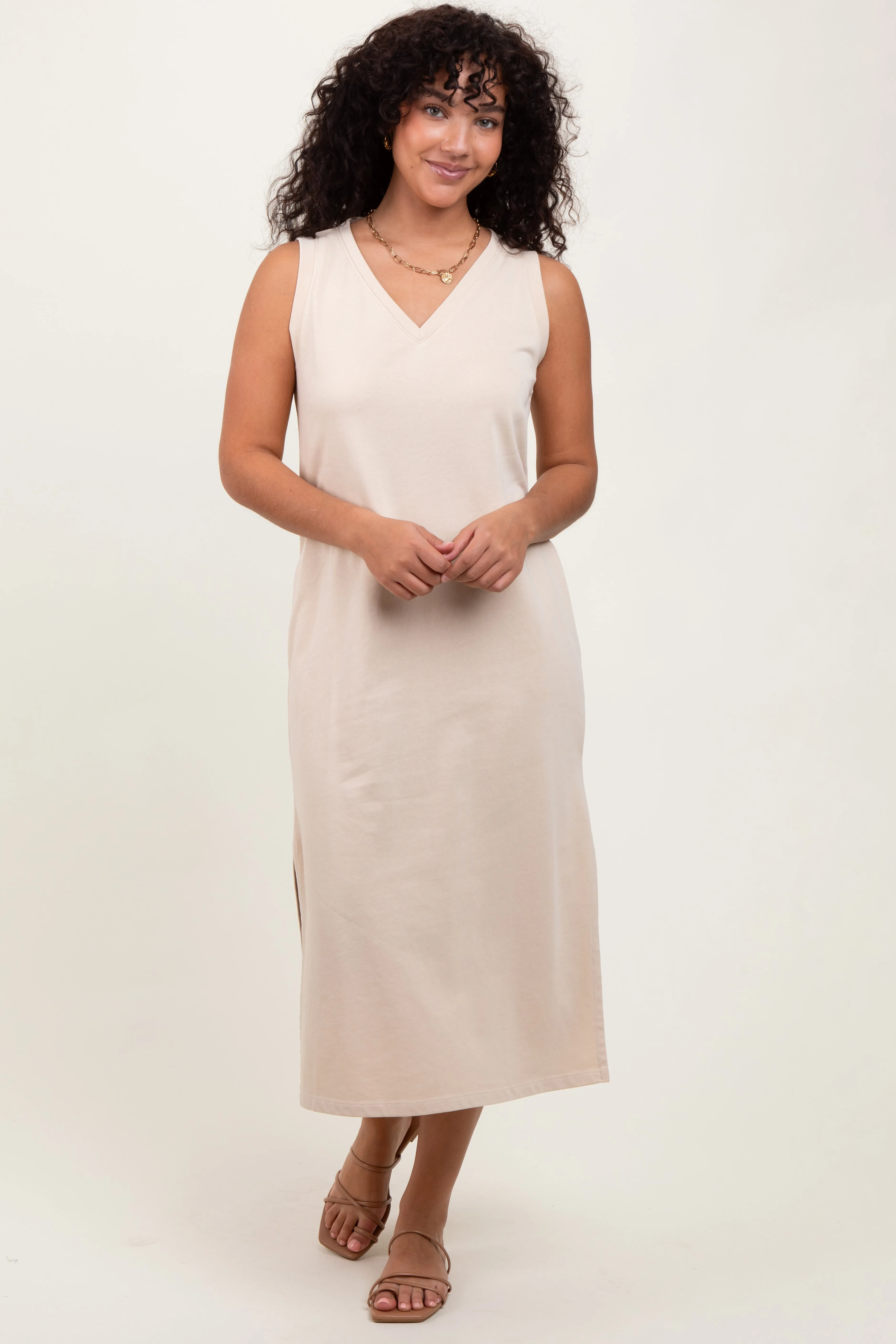 Cream V-Neck Sleeveless Side Slit Midi Dress sold by Pinkblush