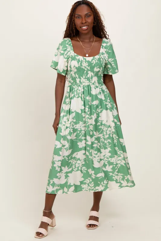 Green Floral Smocked Short Sleeve Midi Dress sold by Pinkblush