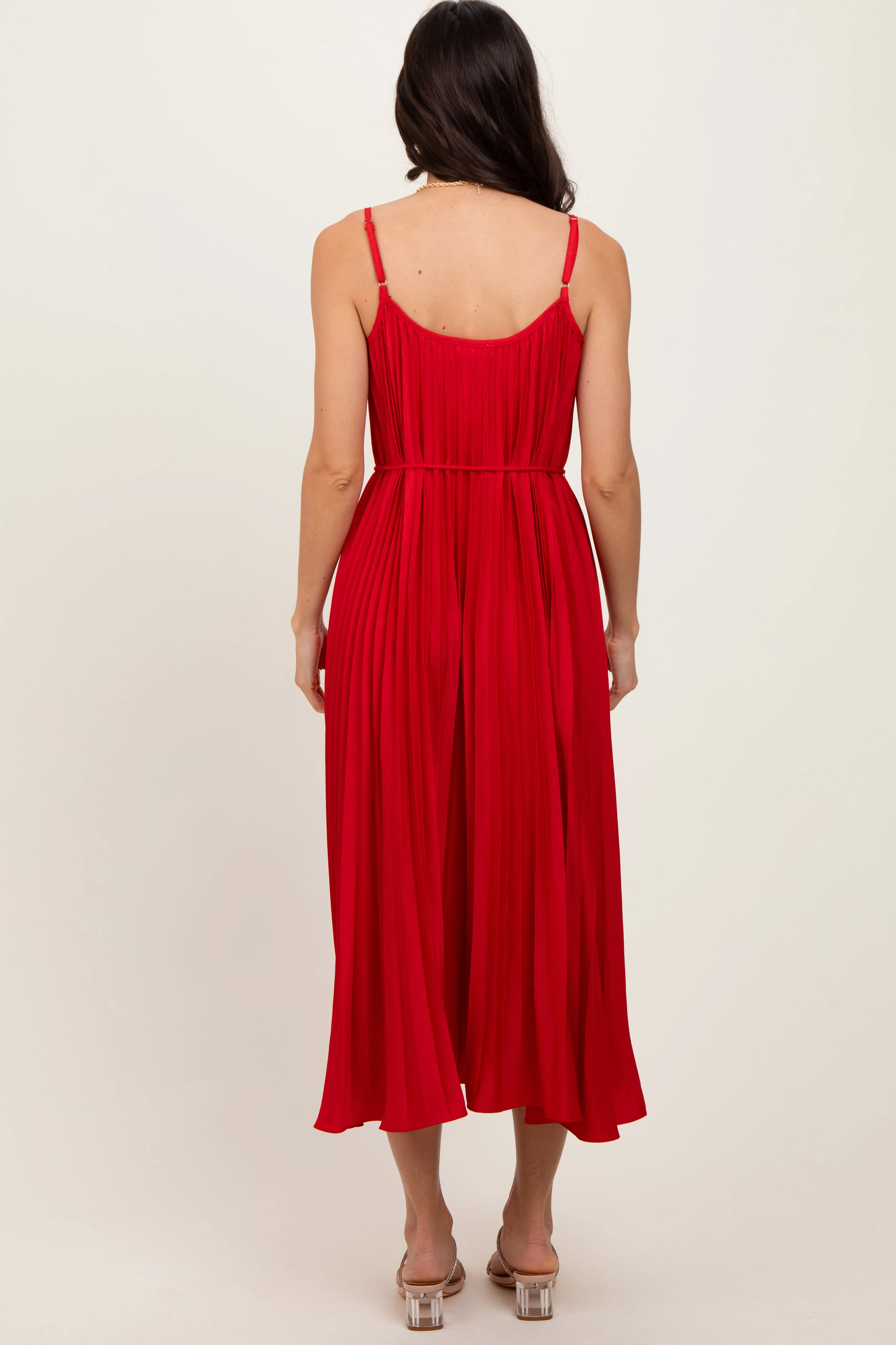 Red Pleated Sash Tie Midi Dress sold by Pinkblush product image thumbnail 3