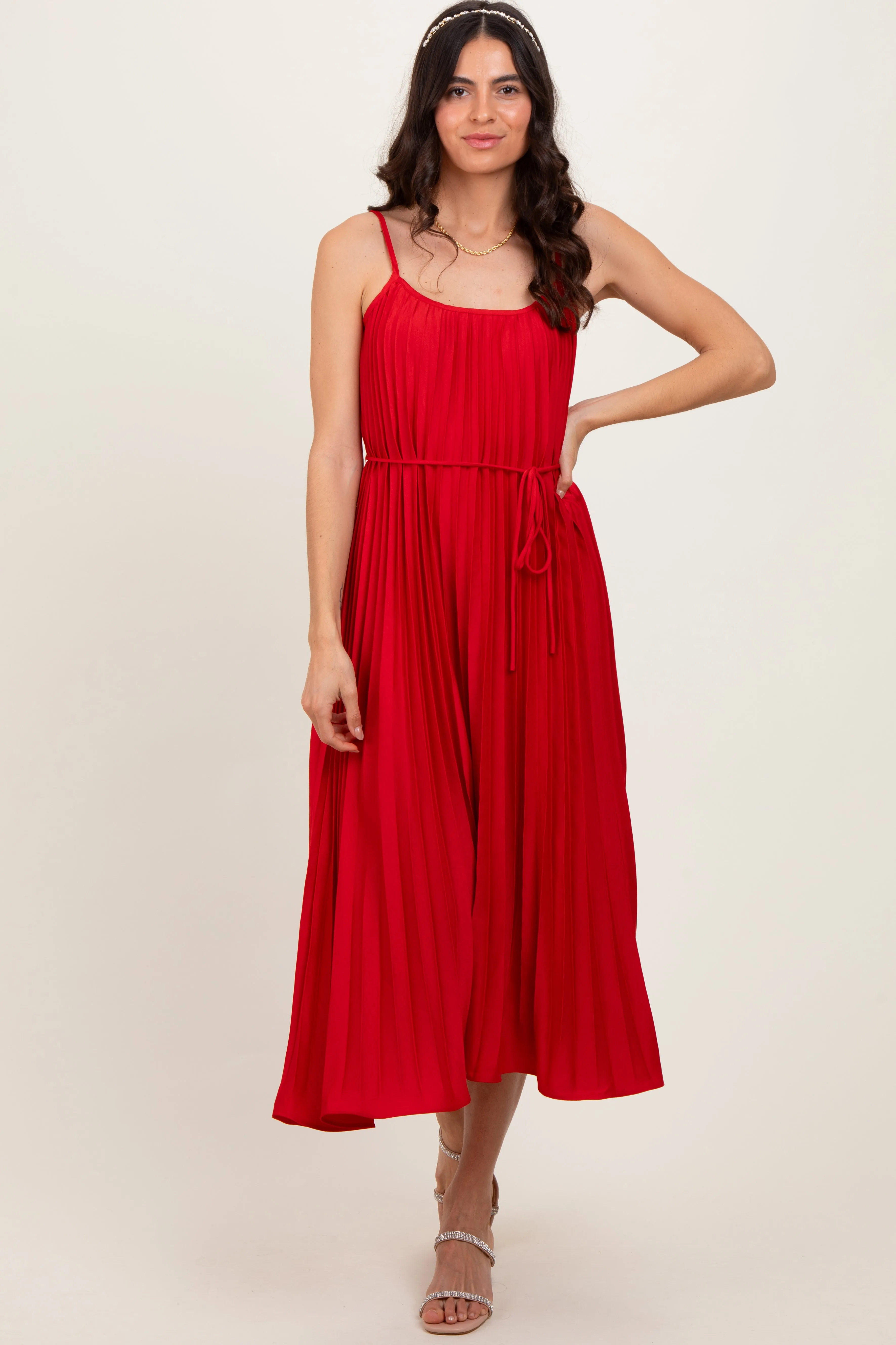 Red Pleated Sash Tie Midi Dress sold by Pinkblush