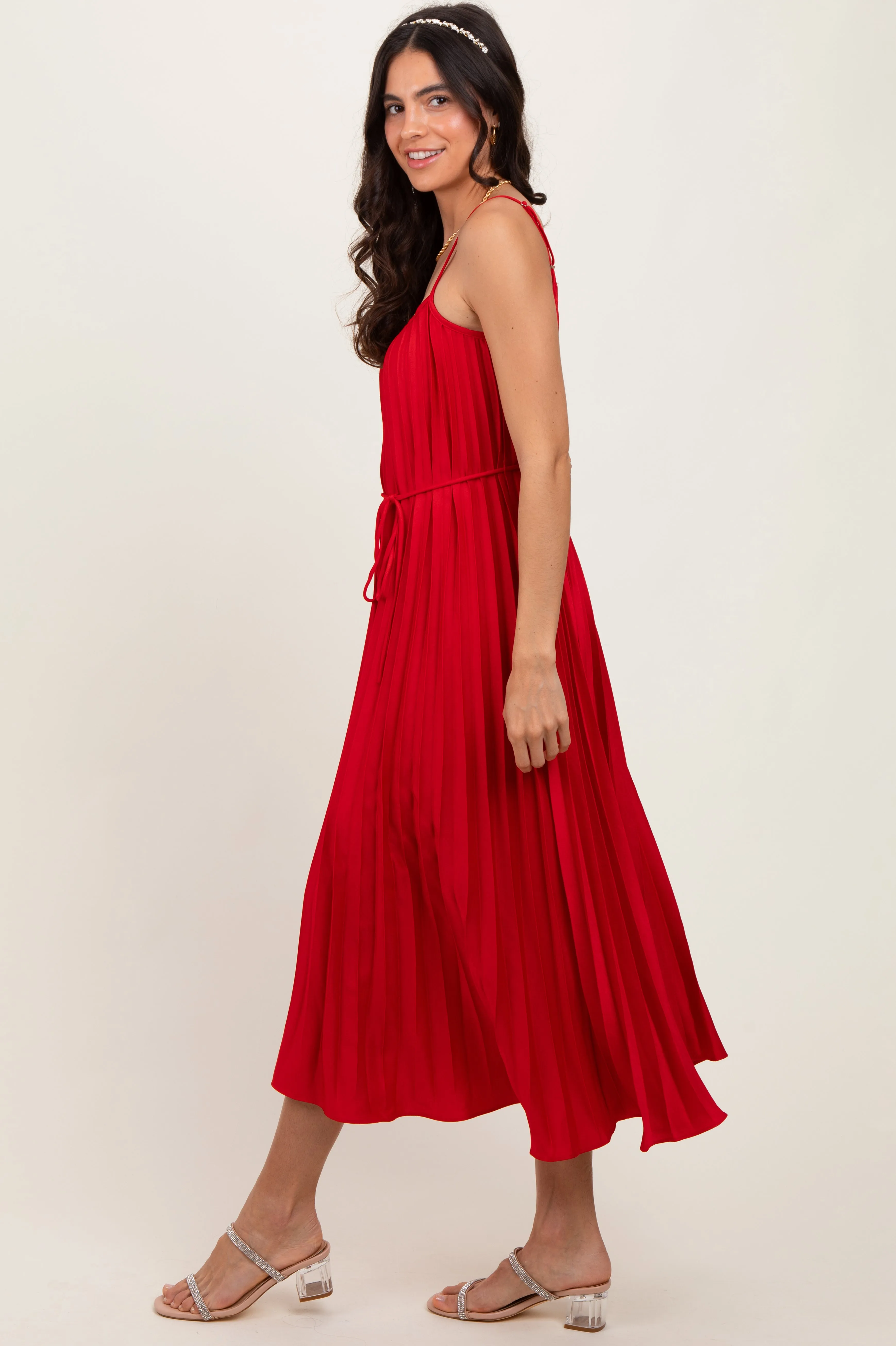 Red Pleated Sash Tie Midi Dress sold by Pinkblush product image thumbnail 2