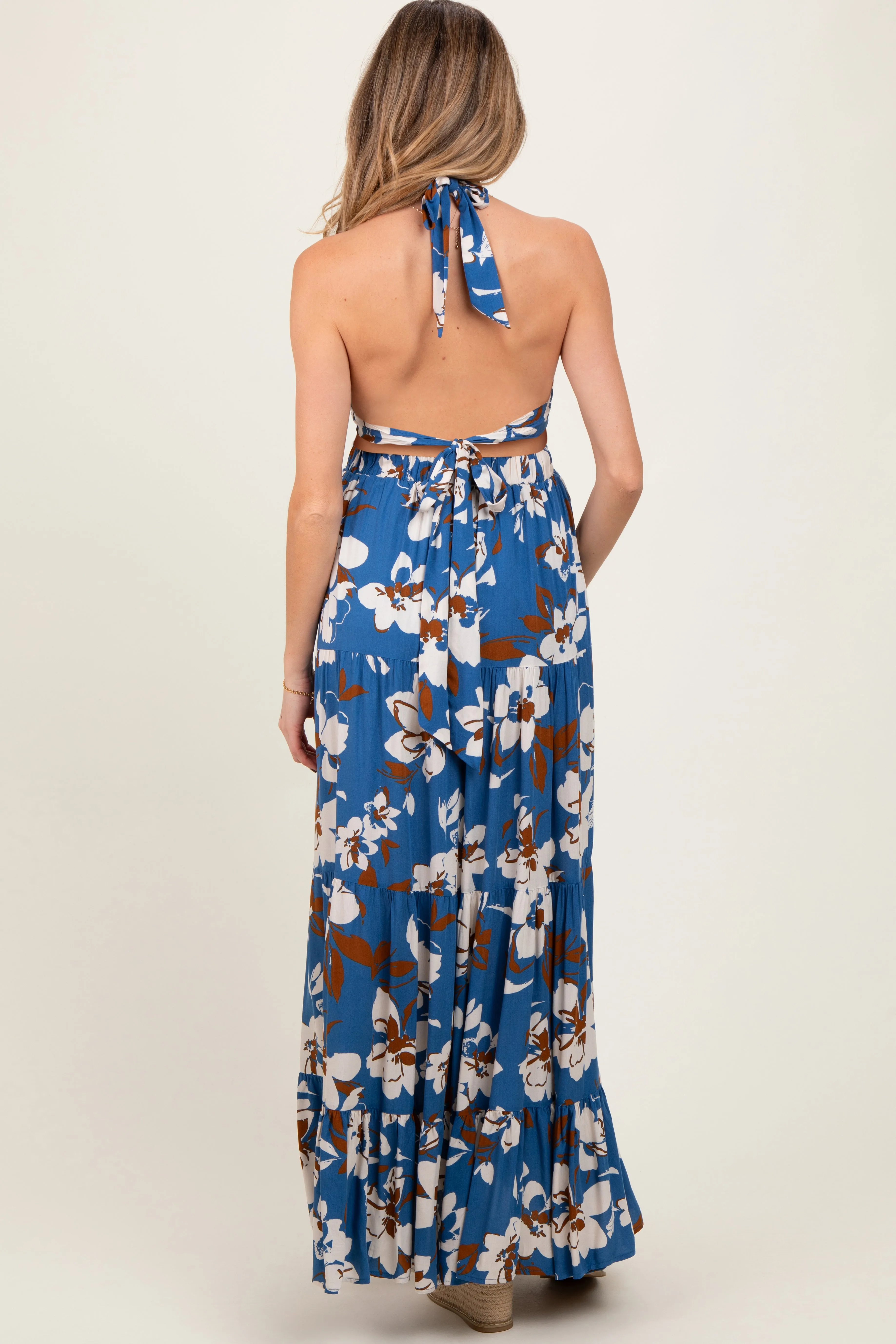 Blue Floral Halter Side Cutout Maternity Maxi Dress sold by Pinkblush product image thumbnail 4
