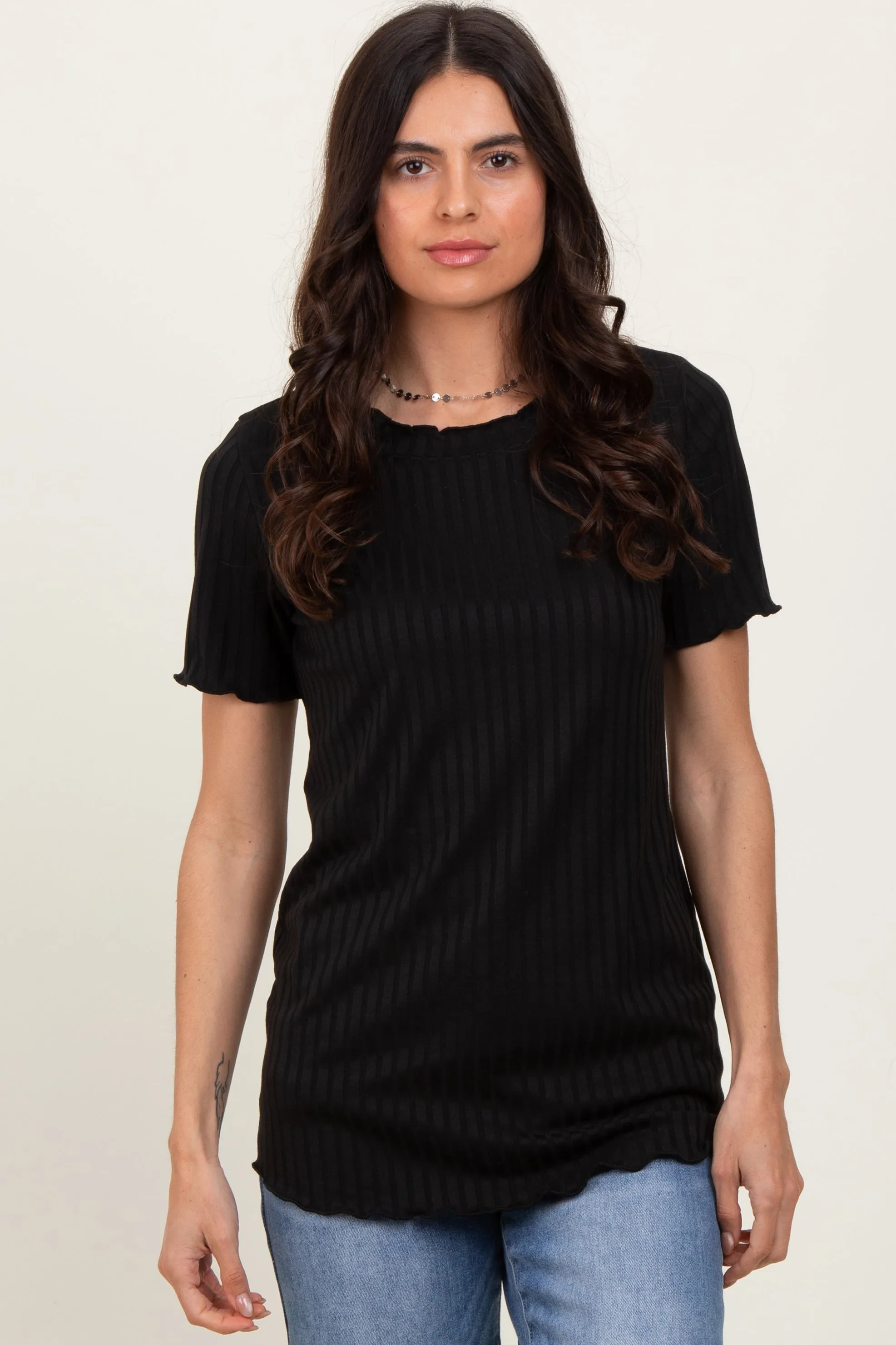 Black Ribbed Short Sleeve Top sold by Pinkblush