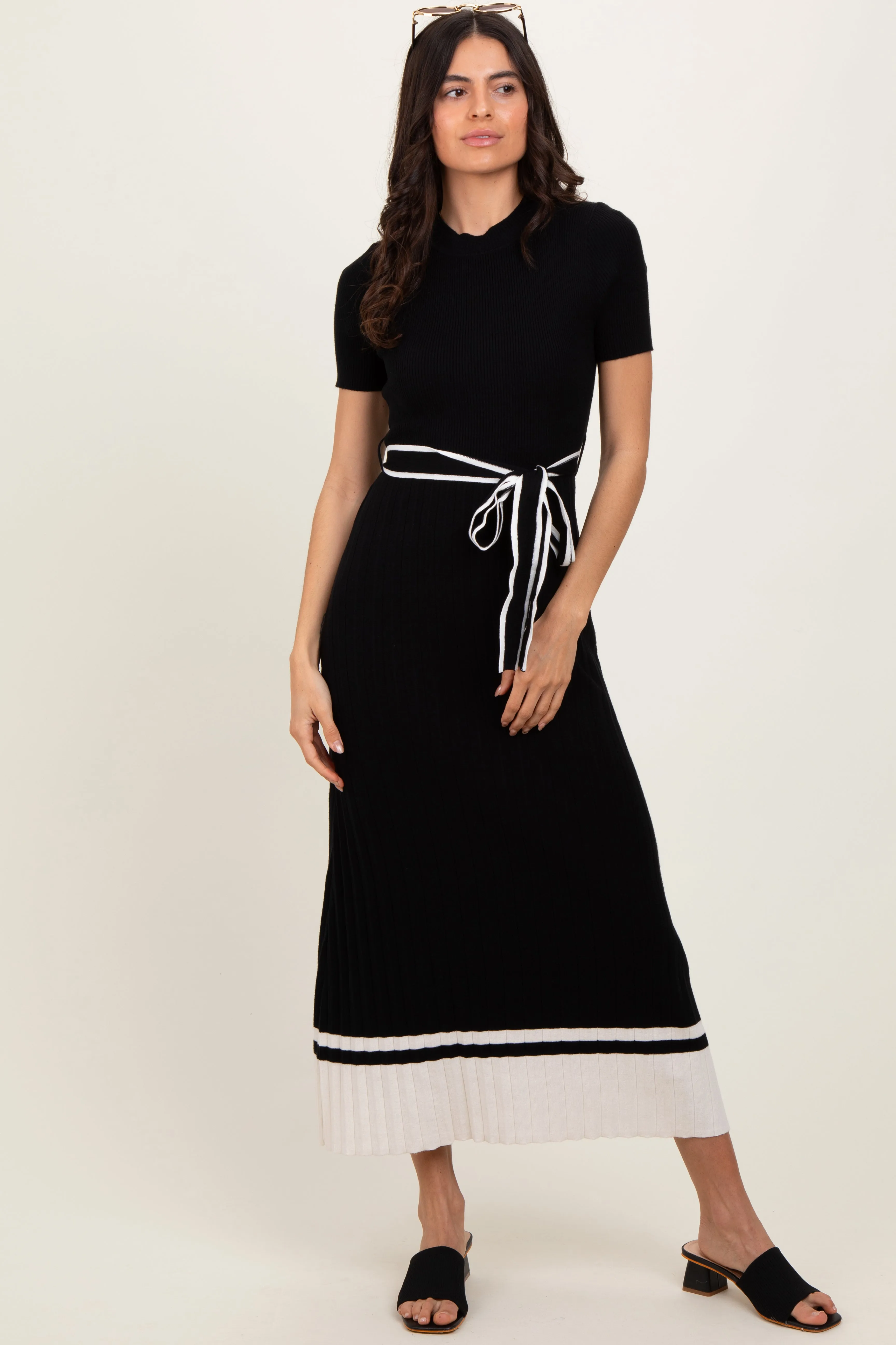 Black Ribbed Knit Pleated Midi Dress sold by Pinkblush