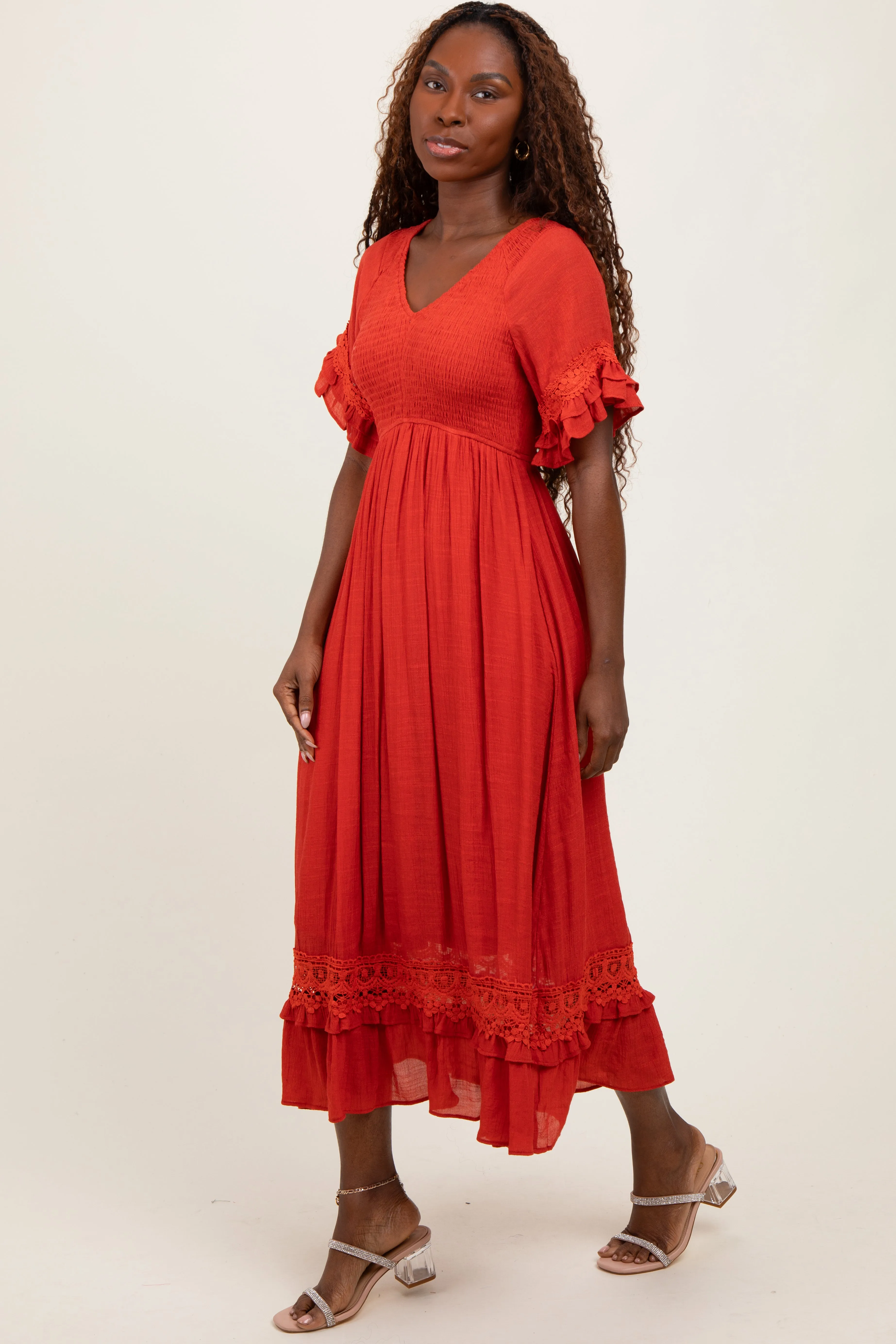 Rust Smocked Crochet Ruffle Trim Midi Dress sold by Pinkblush product image thumbnail 3