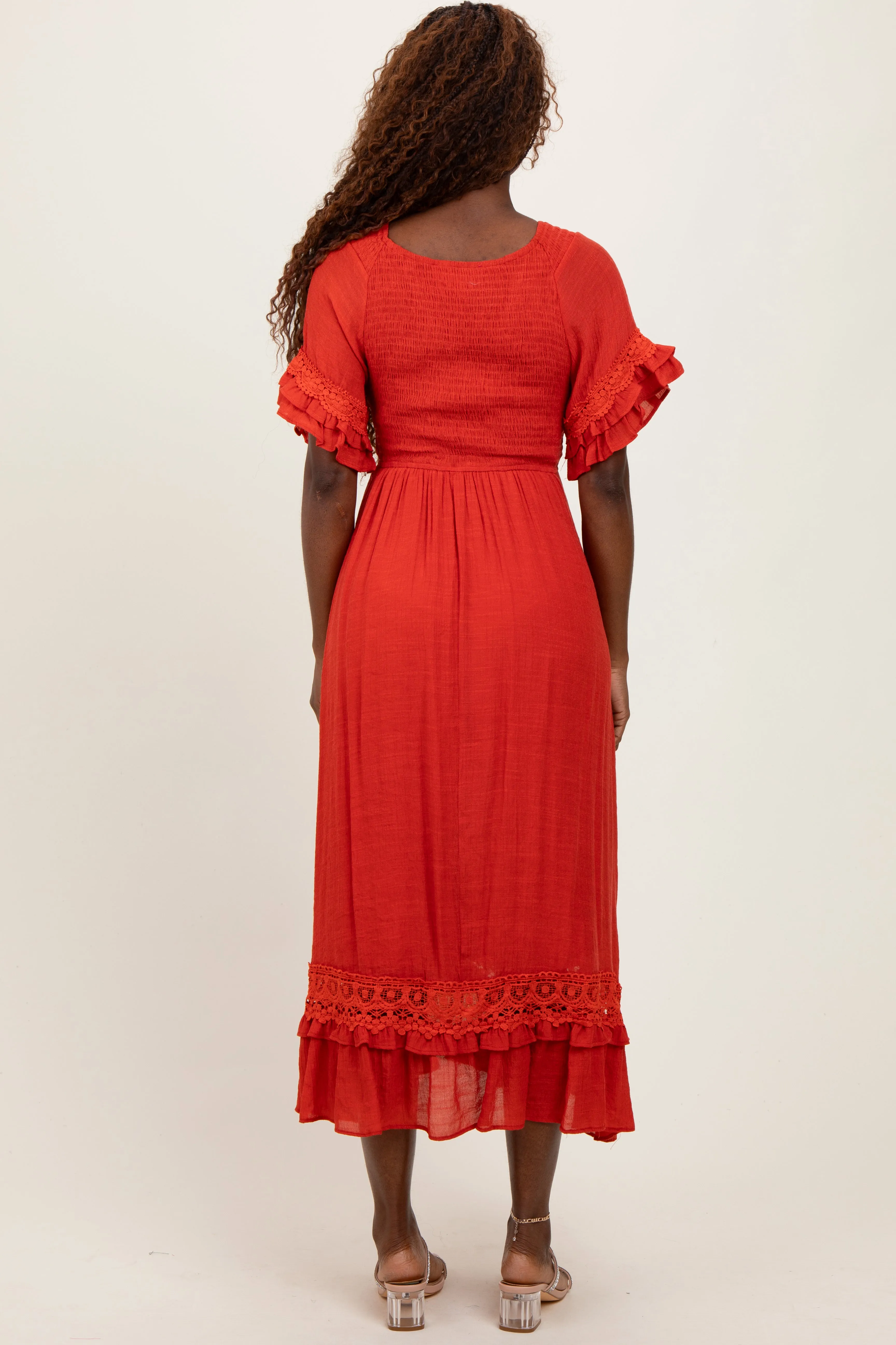 Rust Smocked Crochet Ruffle Trim Midi Dress sold by Pinkblush product image thumbnail 4