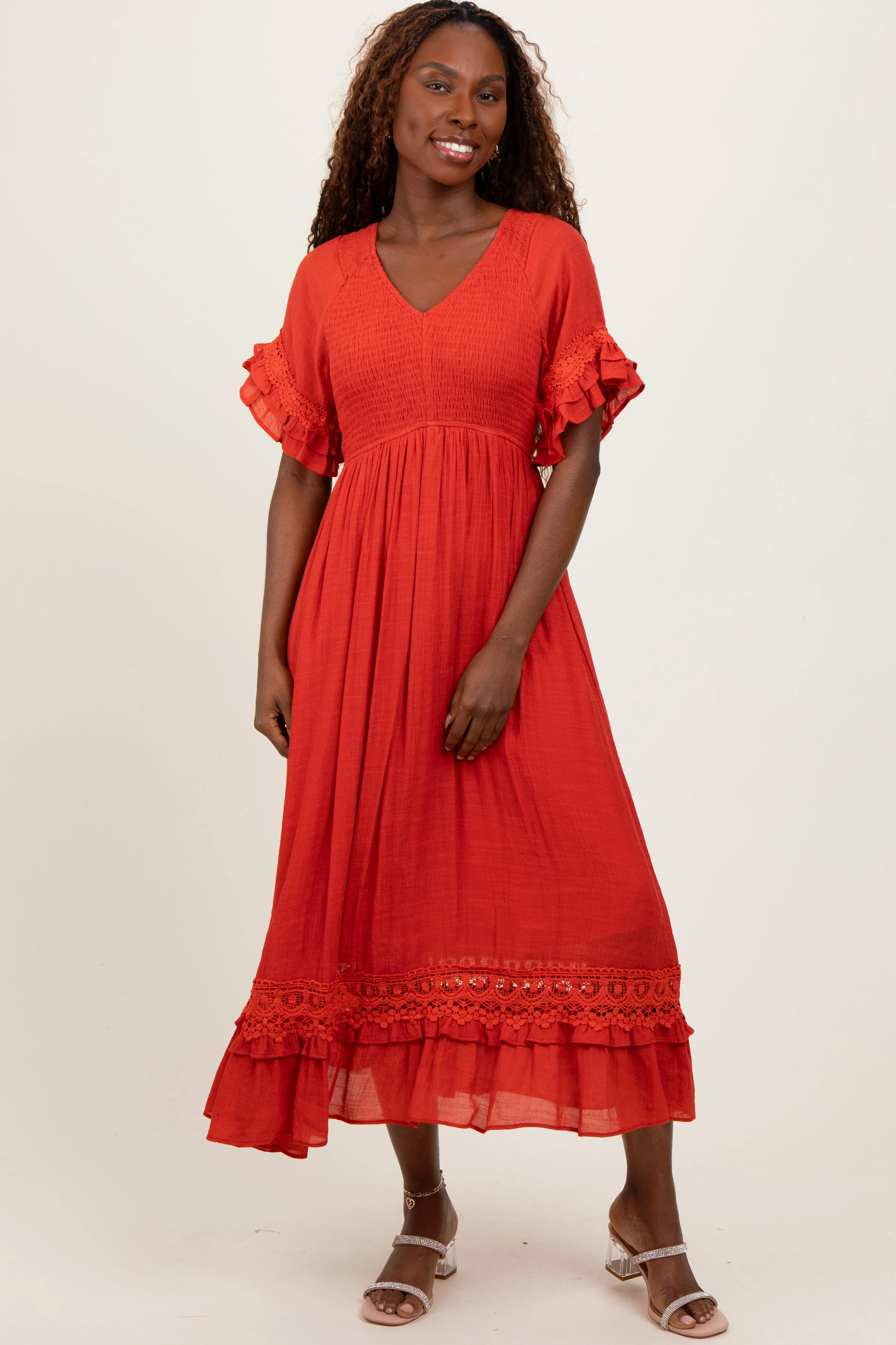 Rust Smocked Crochet Ruffle Trim Midi Dress sold by Pinkblush