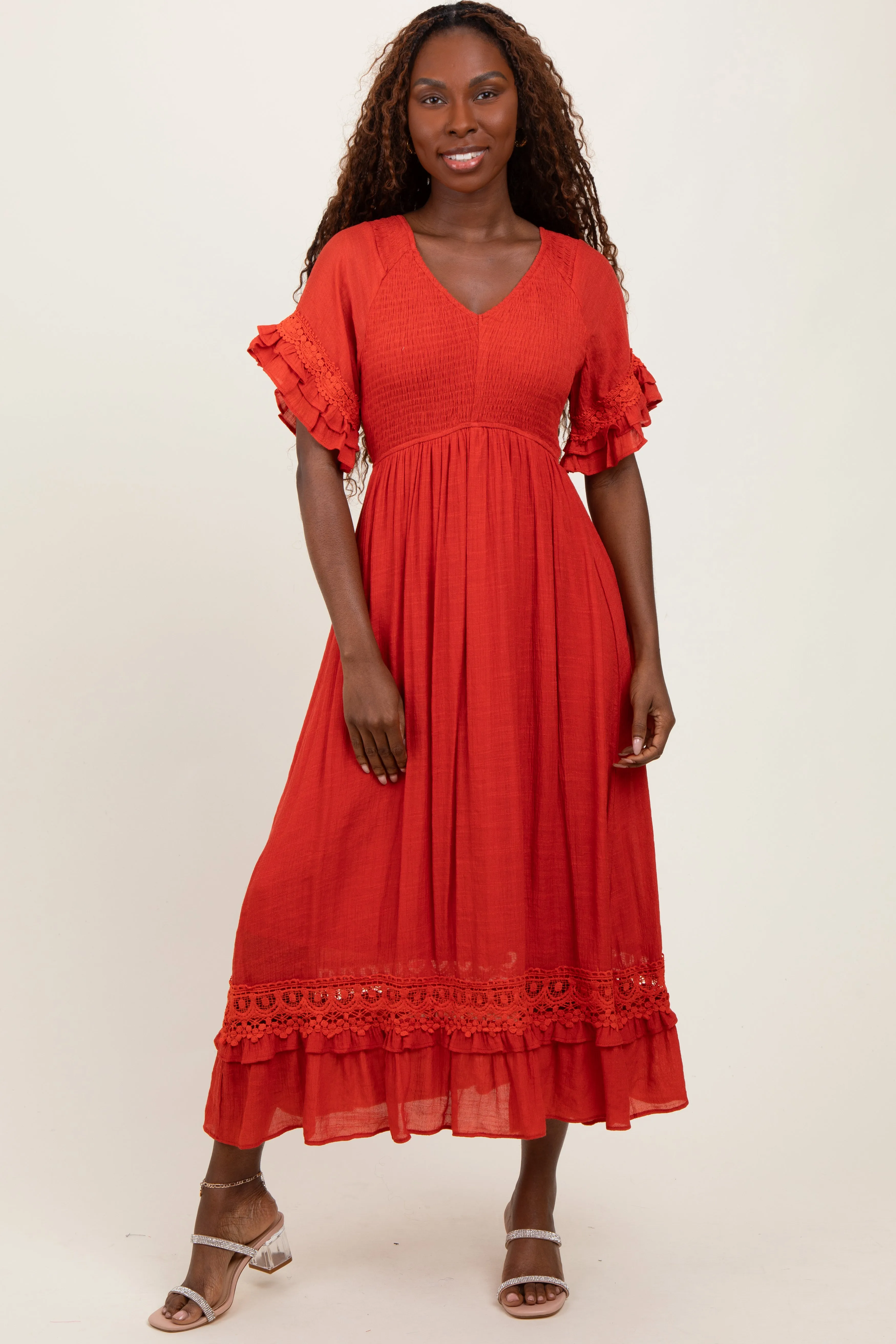 Rust Smocked Crochet Ruffle Trim Midi Dress sold by Pinkblush product image thumbnail 2
