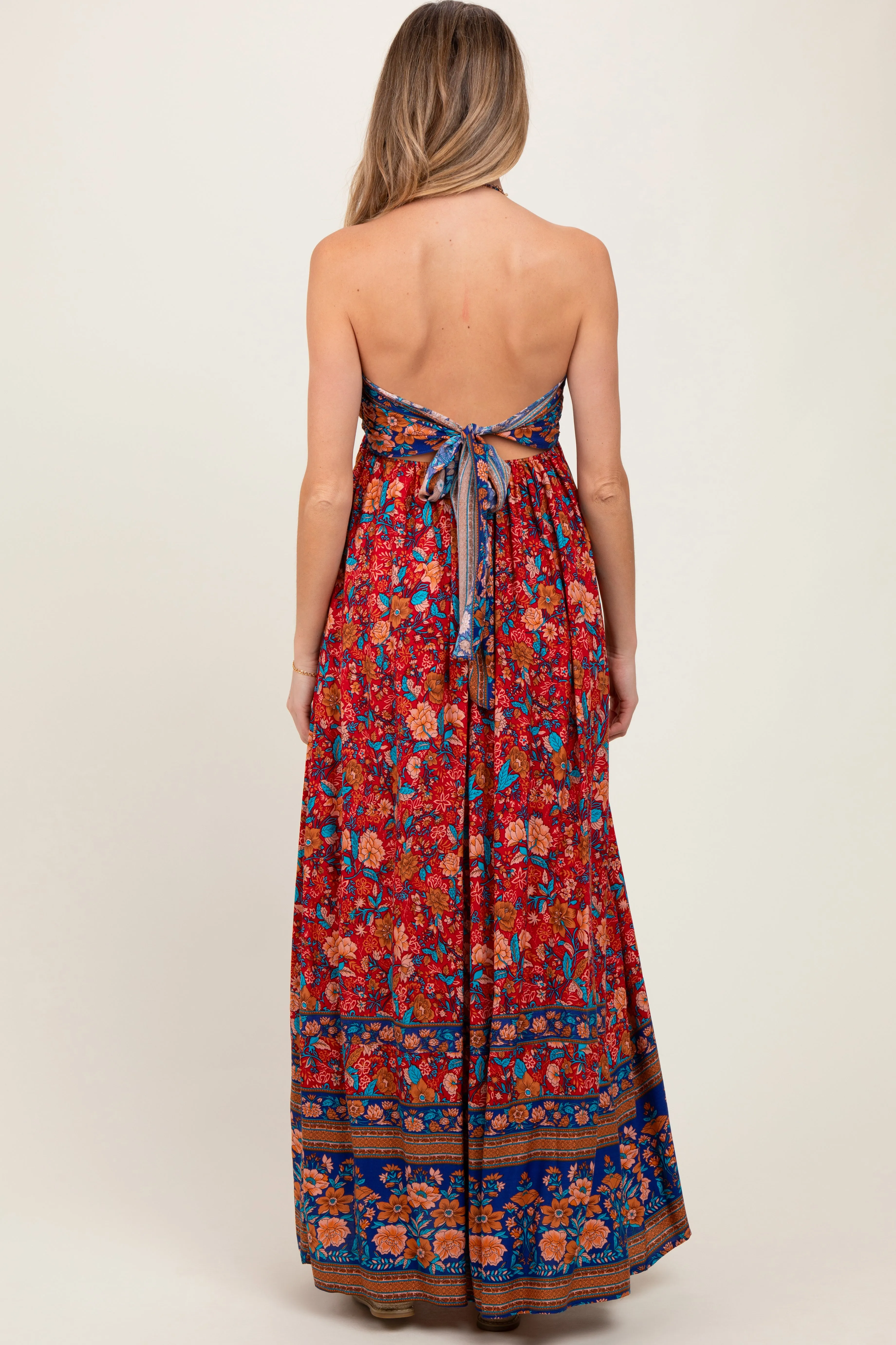 Rust Floral Colorblock Halter Tie Back Maternity Maxi Dress sold by Pinkblush product image thumbnail 4