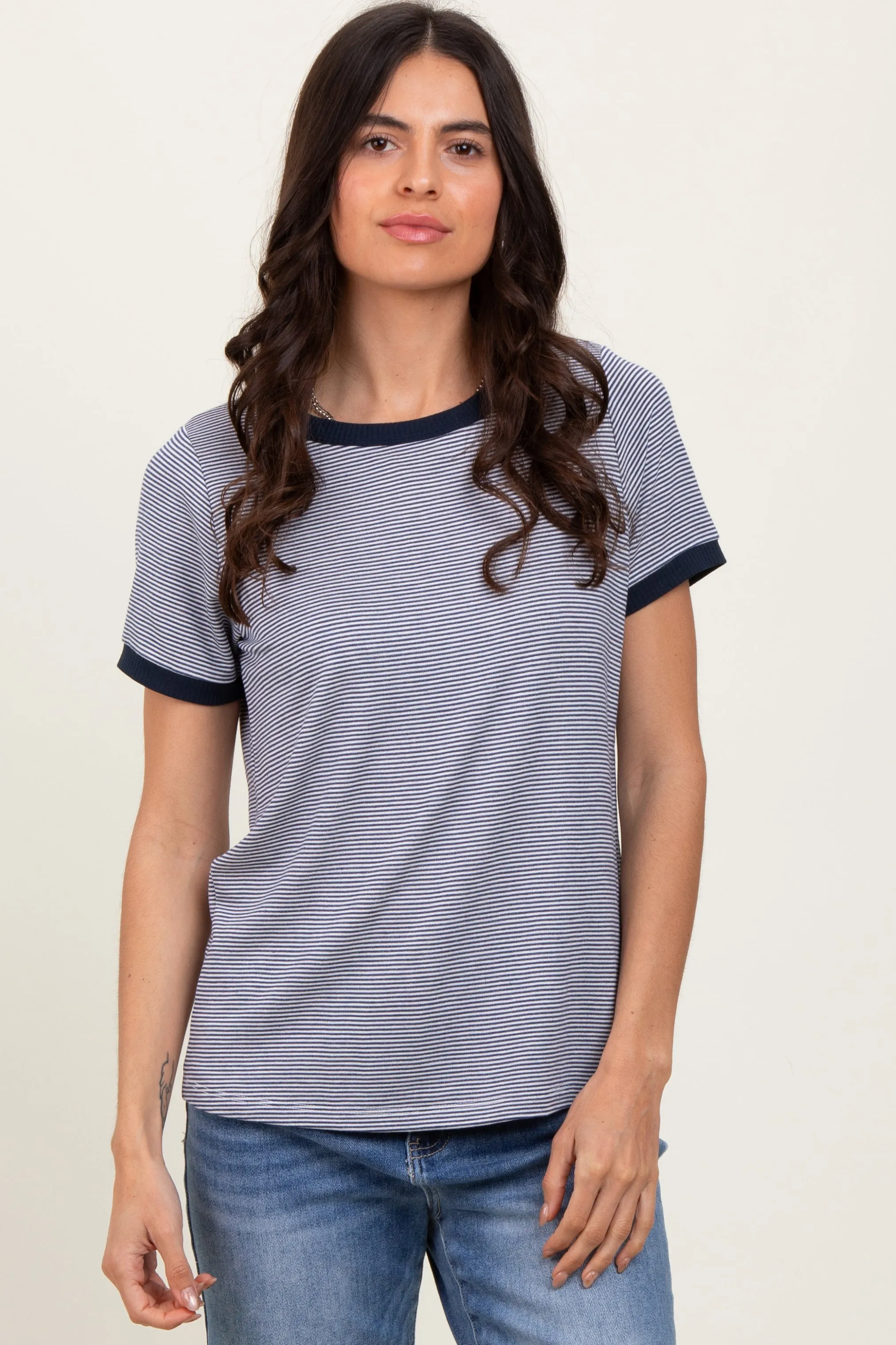 Navy Pinstripe Contrast Trim Tee sold by Pinkblush