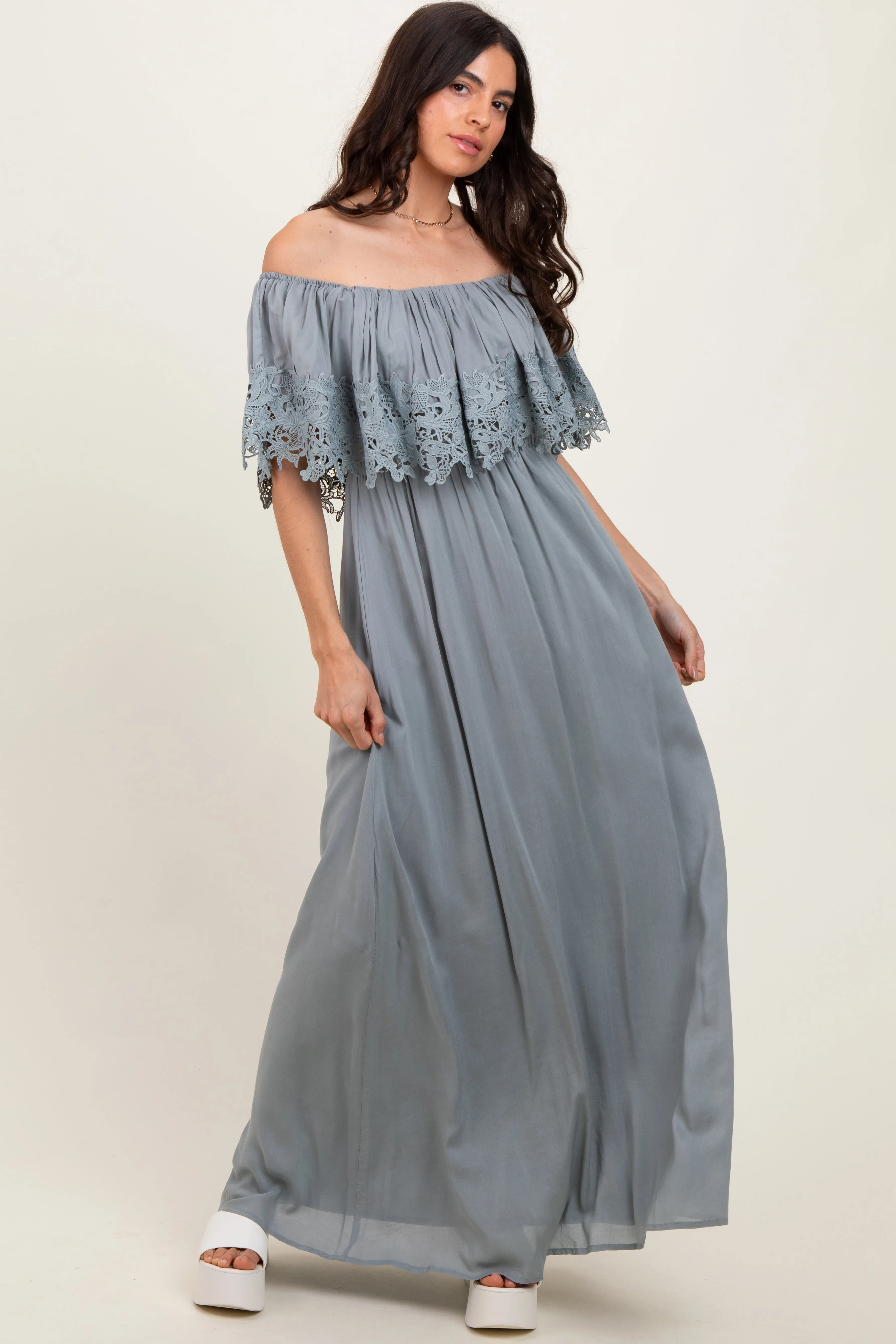 Sage Lace Off Shoulder Maxi Dress sold by Pinkblush