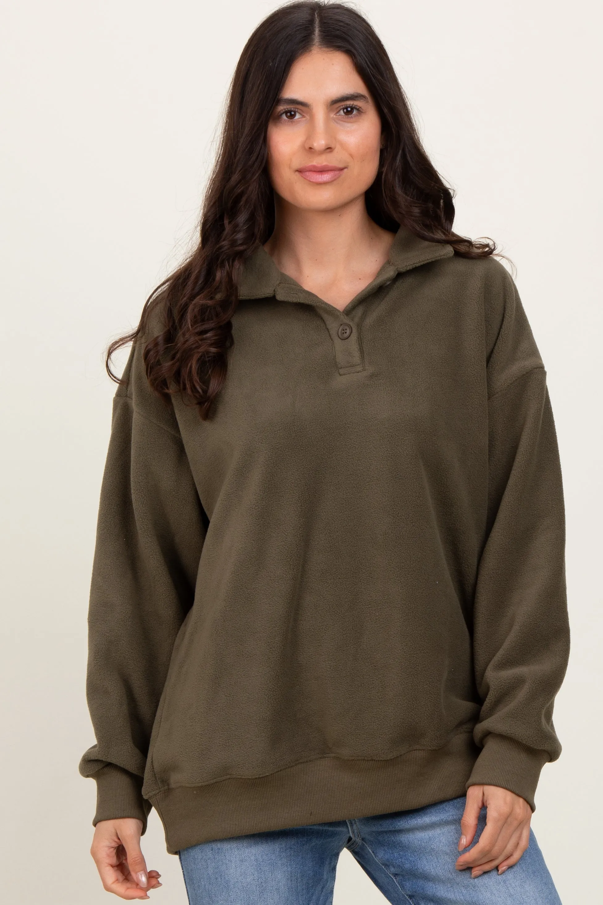 Olive Fleece Collared Button Up Pullover sold by Pinkblush product image thumbnail 2