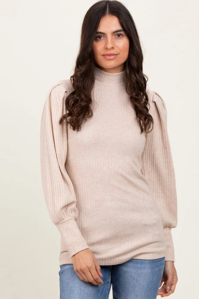 Beige Ribbed Mock Neck Bubble Sleeve Top sold by Pinkblush