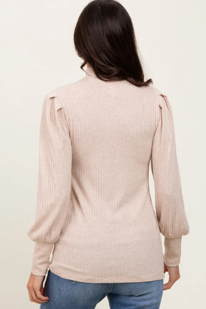 Beige Ribbed Mock Neck Bubble Sleeve Top sold by Pinkblush product image thumbnail 3