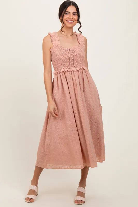 Peach Eyelet Sleeveless Midi Dress sold by Pinkblush