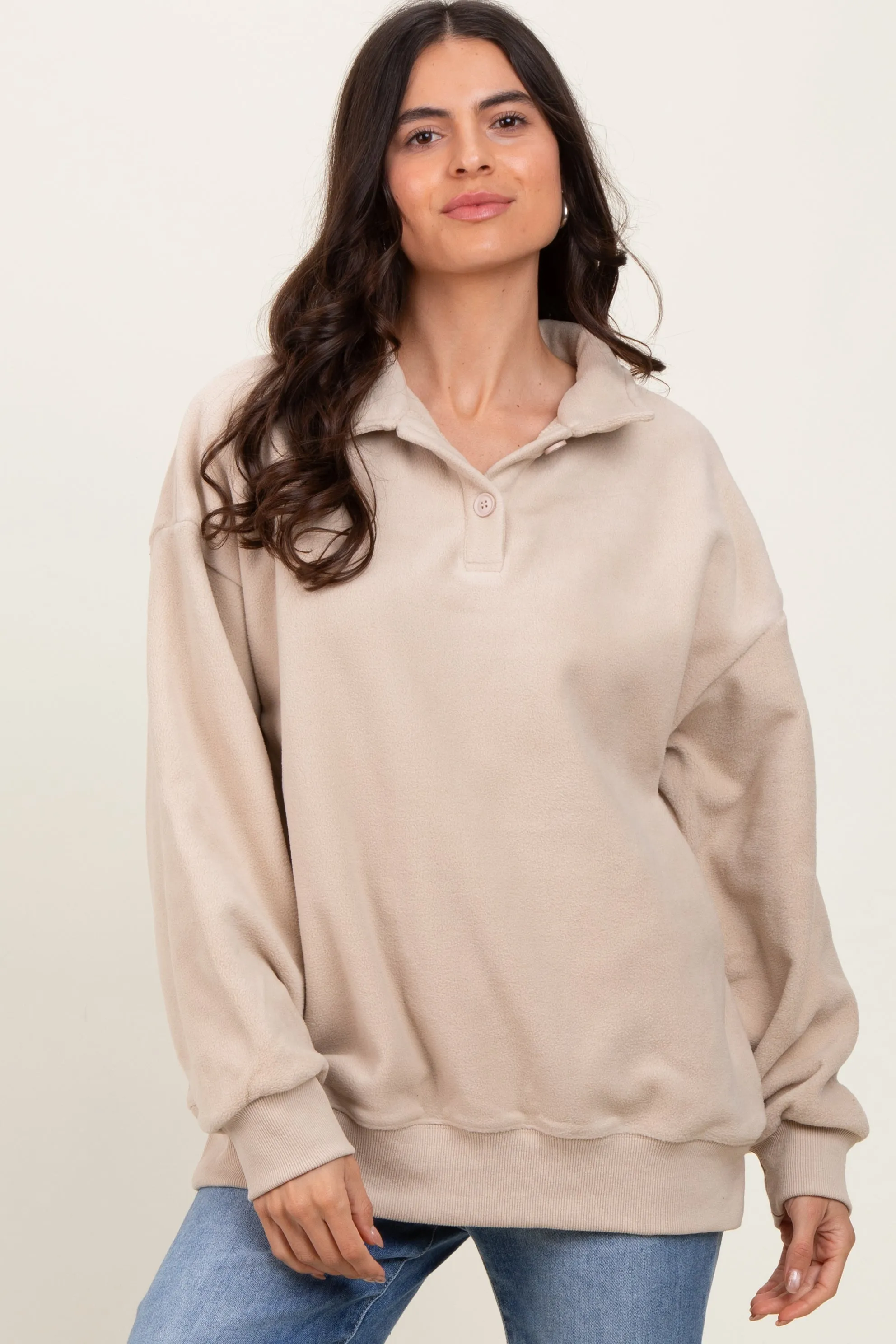 Beige Fleece Collared Button Up Pullover sold by Pinkblush product image thumbnail 2