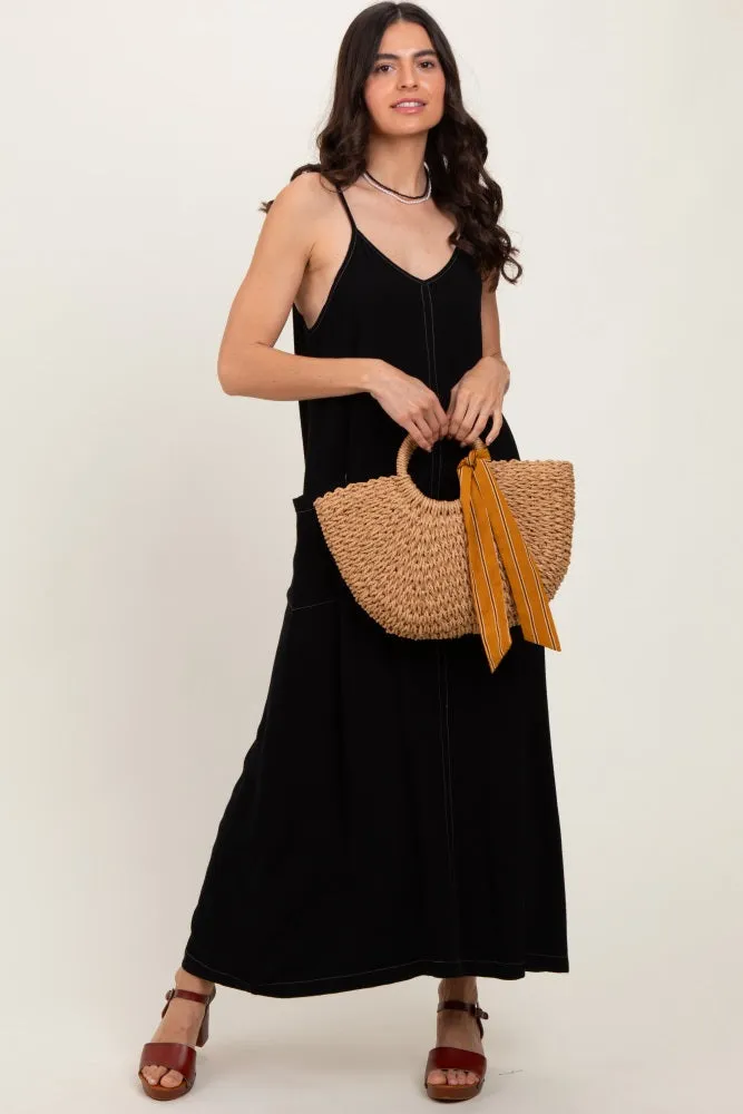 Black Linen Mixed Overall Midi Dress sold by Pinkblush product image thumbnail 4