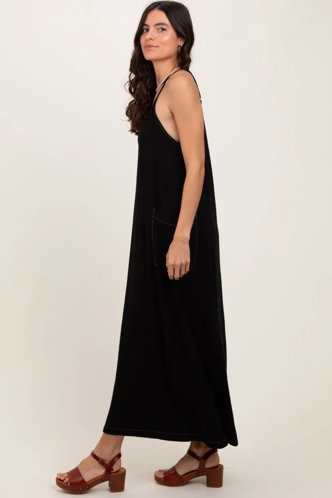 Black Linen Mixed Overall Midi Dress sold by Pinkblush product image thumbnail 2
